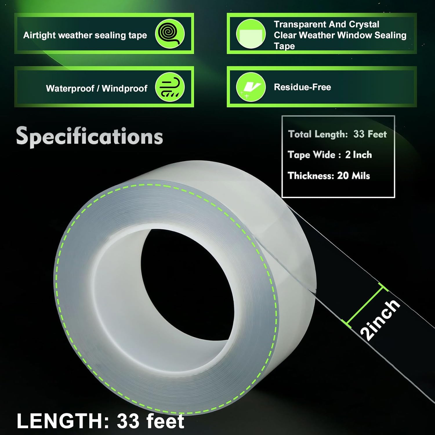 Transparent Window Weather Sealing Tape 2 Inch X 33 FT Weather Stripping Residue