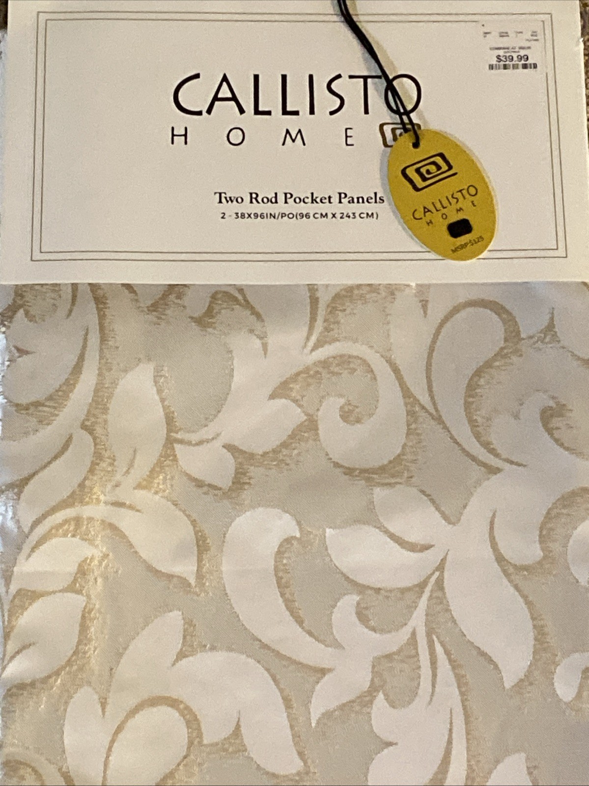 CALLISTO HOME 36 x 96” Curtain Panels Gold Foil Floral Metallic Accents 2Pc Set