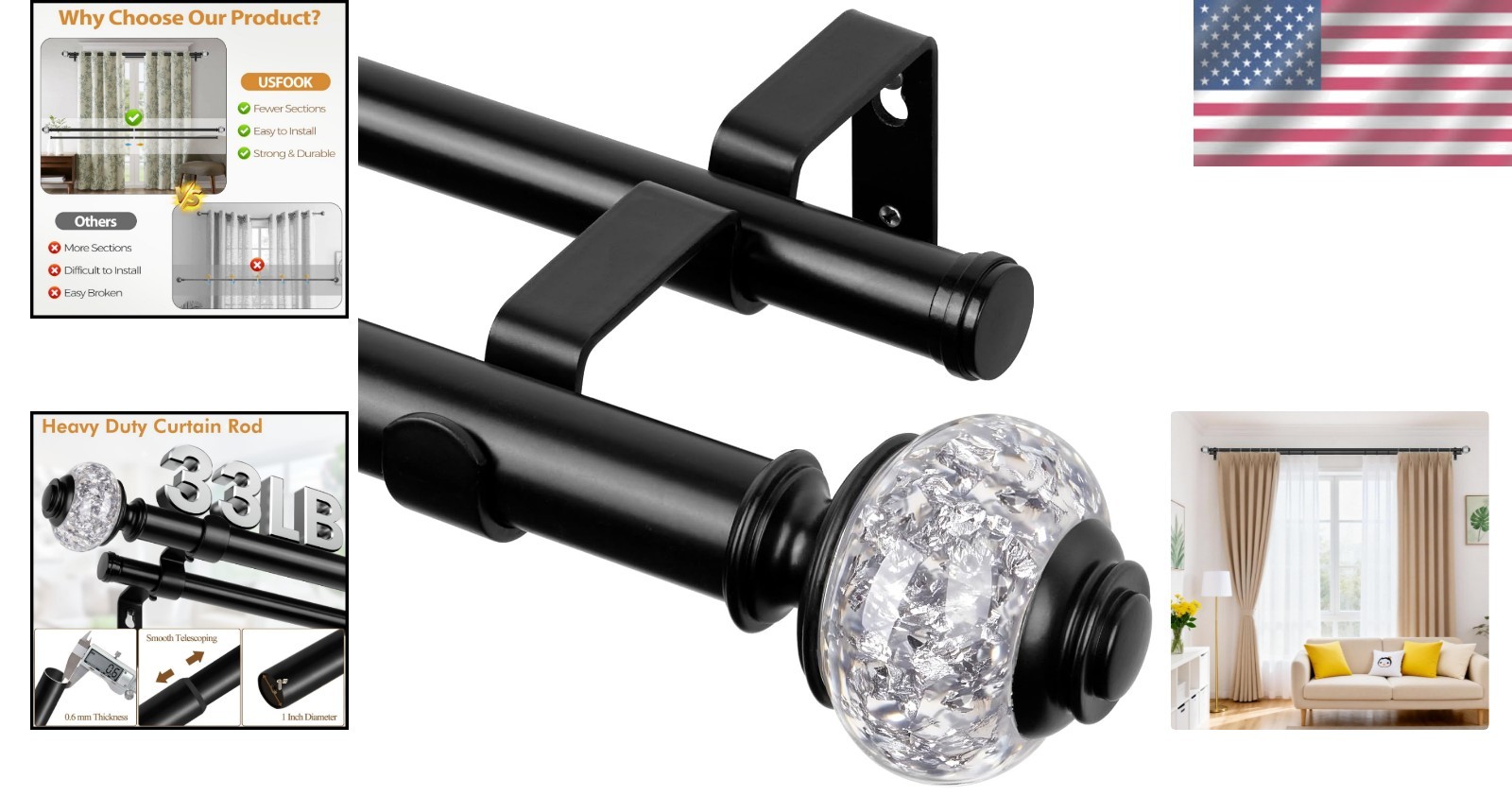 Double Curtain Rods Extendable 72-144 Inches for Living Room Bedroom Patio