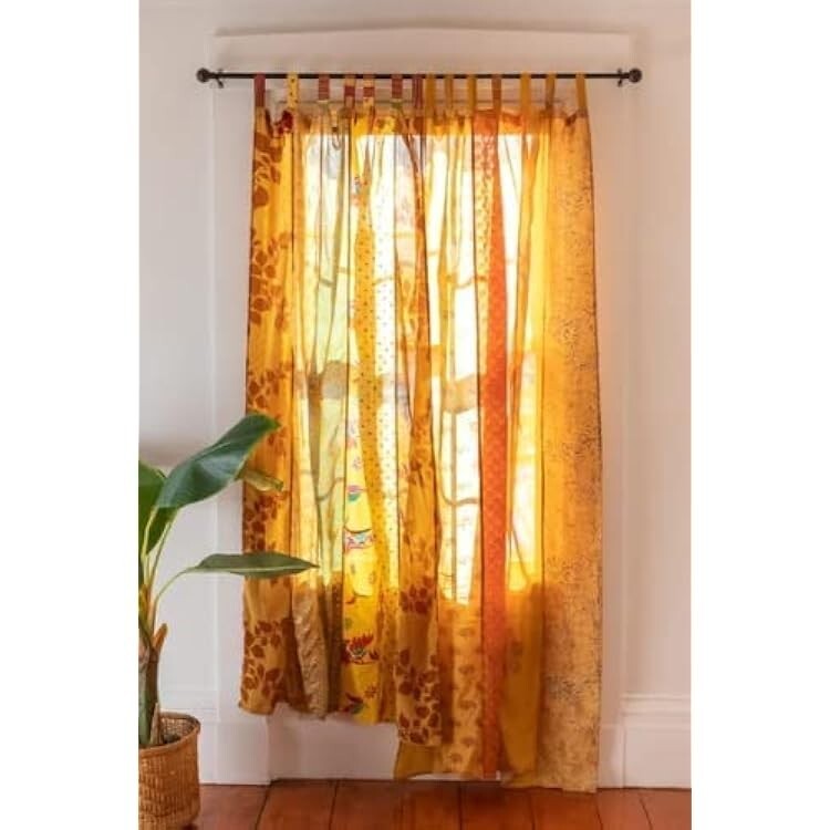 2 Pc Indian Old Recycle Silk Saree Boho Multi Curtain Door Drape Decor Curtain