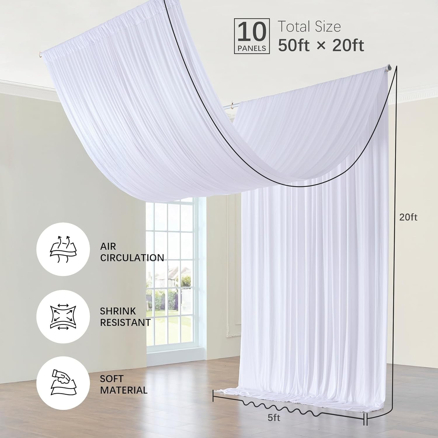 10 Panels 5ft(W) x 20ft(H) White Ceiling Drapes for Wedding Parties – 20 FT Extr