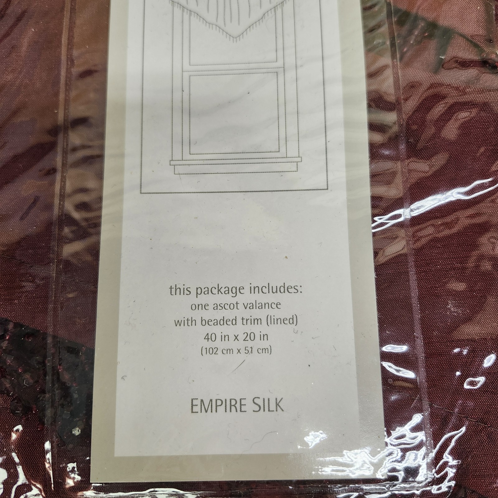 CHF & You Empire Silk Lined Ascot Valance Burgundy Beaded Trim 40″ X 20″ New