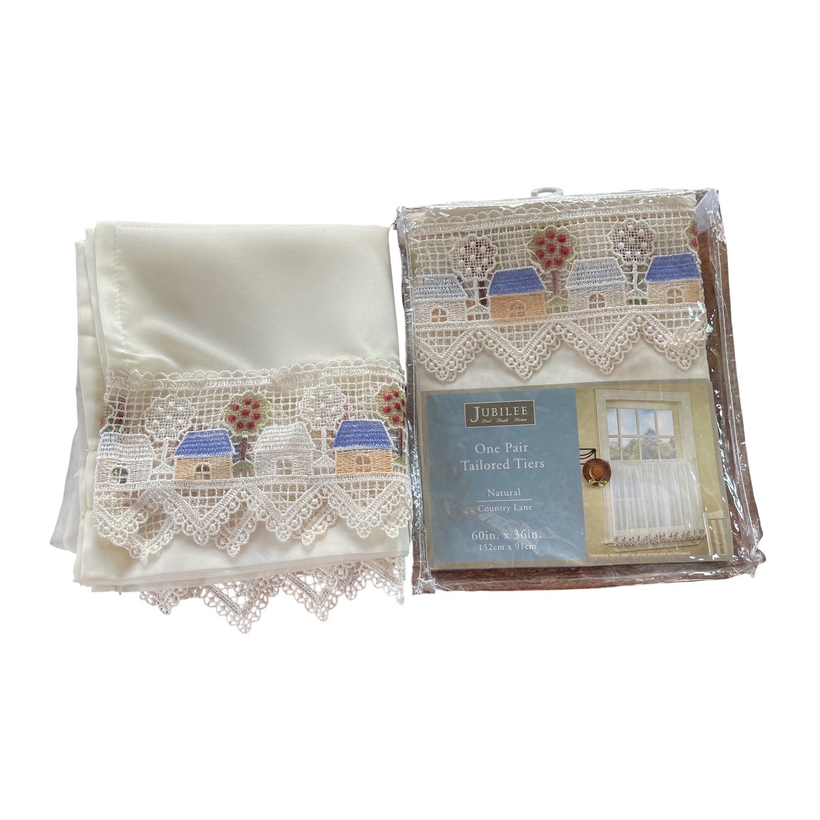 Jubilee Country Lane Tailored Tiers Natural Lace Village Curtains 60×36 Set of 2