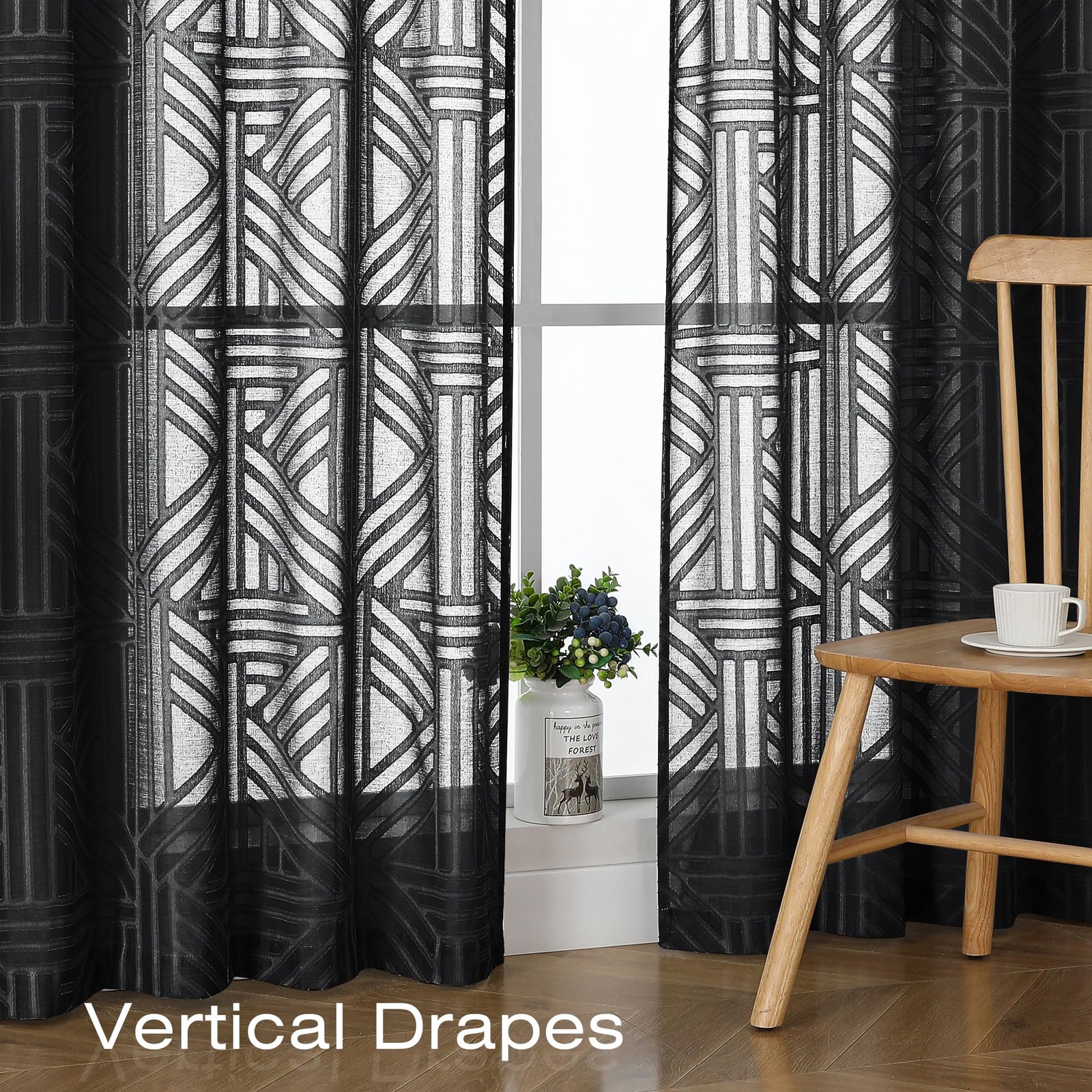 Semi Sheer Window Curtains, 84 Inch, 2 Panels, Jacquard Weave, Black