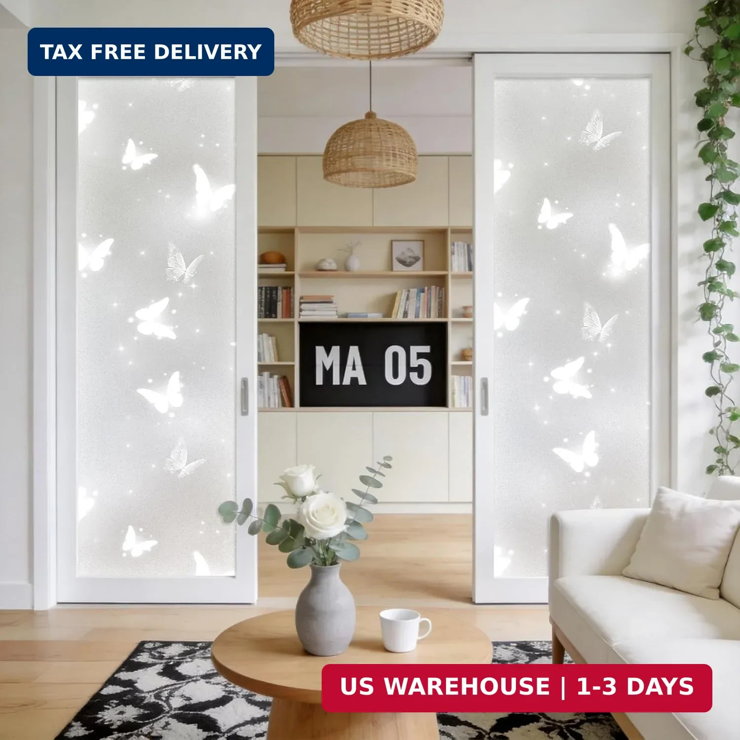 Frosted Glitter Butterfly Window Privacy Film, 78.5″ L x 17.5″ W, Decorative Sel