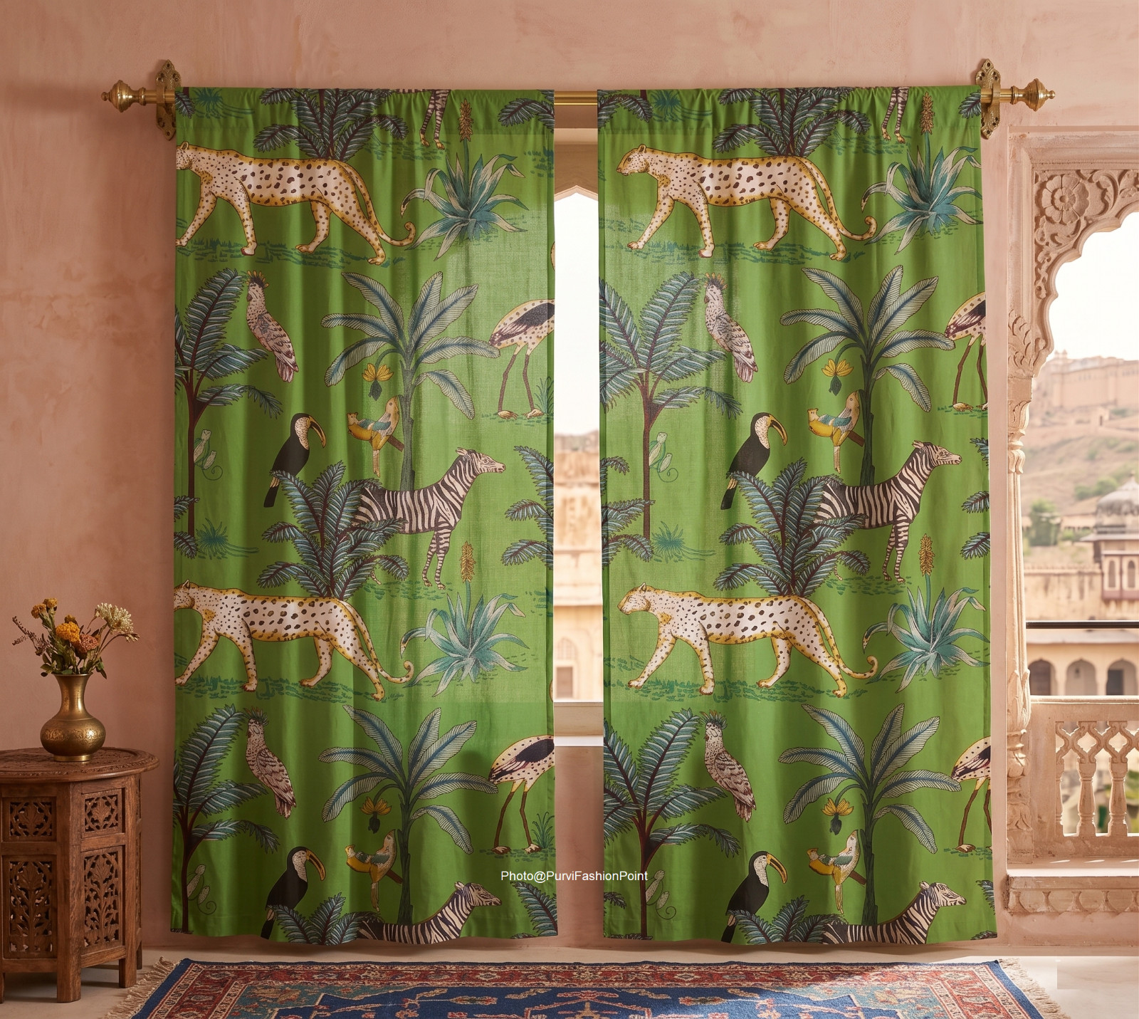 2 Pc Set GREEN Hand Block jungle Print Cotton Curtains Set Jungle Printed Drapes