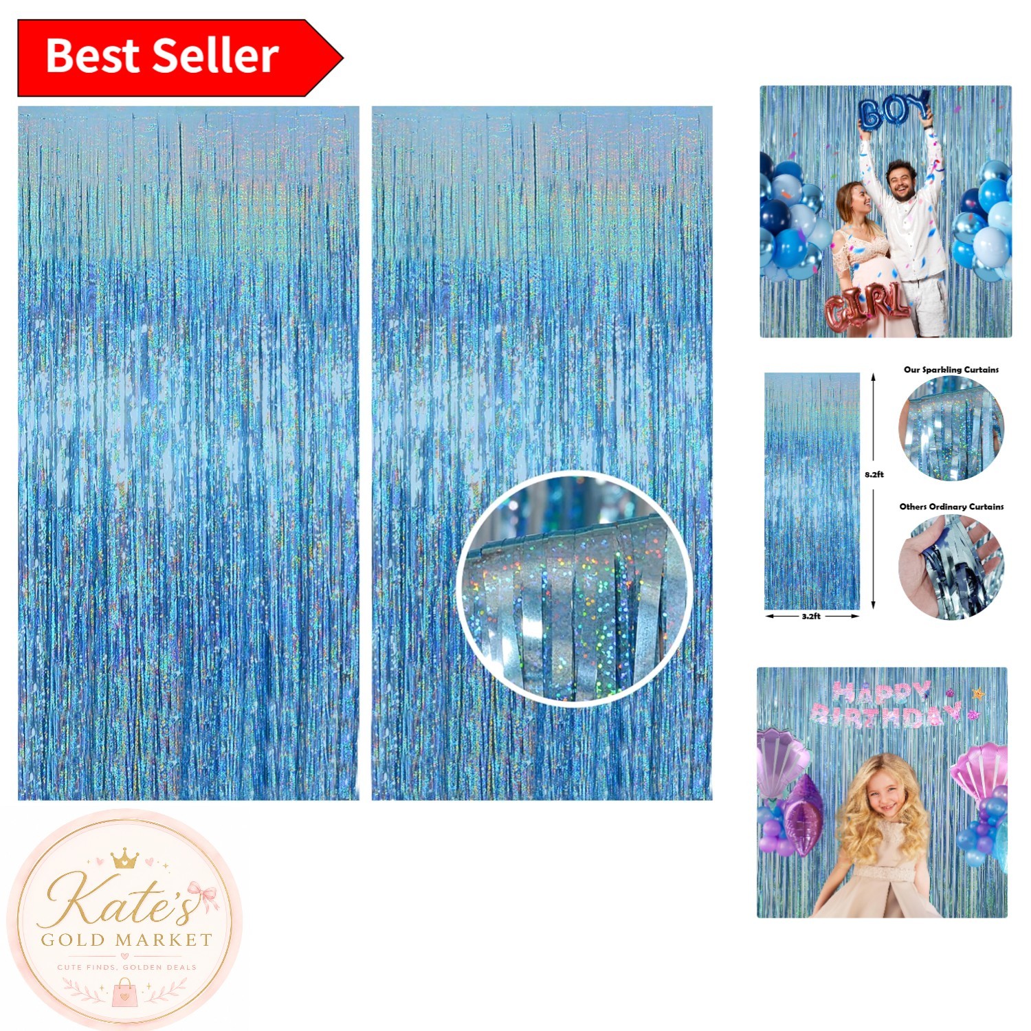 Easy Set Up 2 Pack of Light Blue Tinsel Curtains – Ideal for Parties and Showers