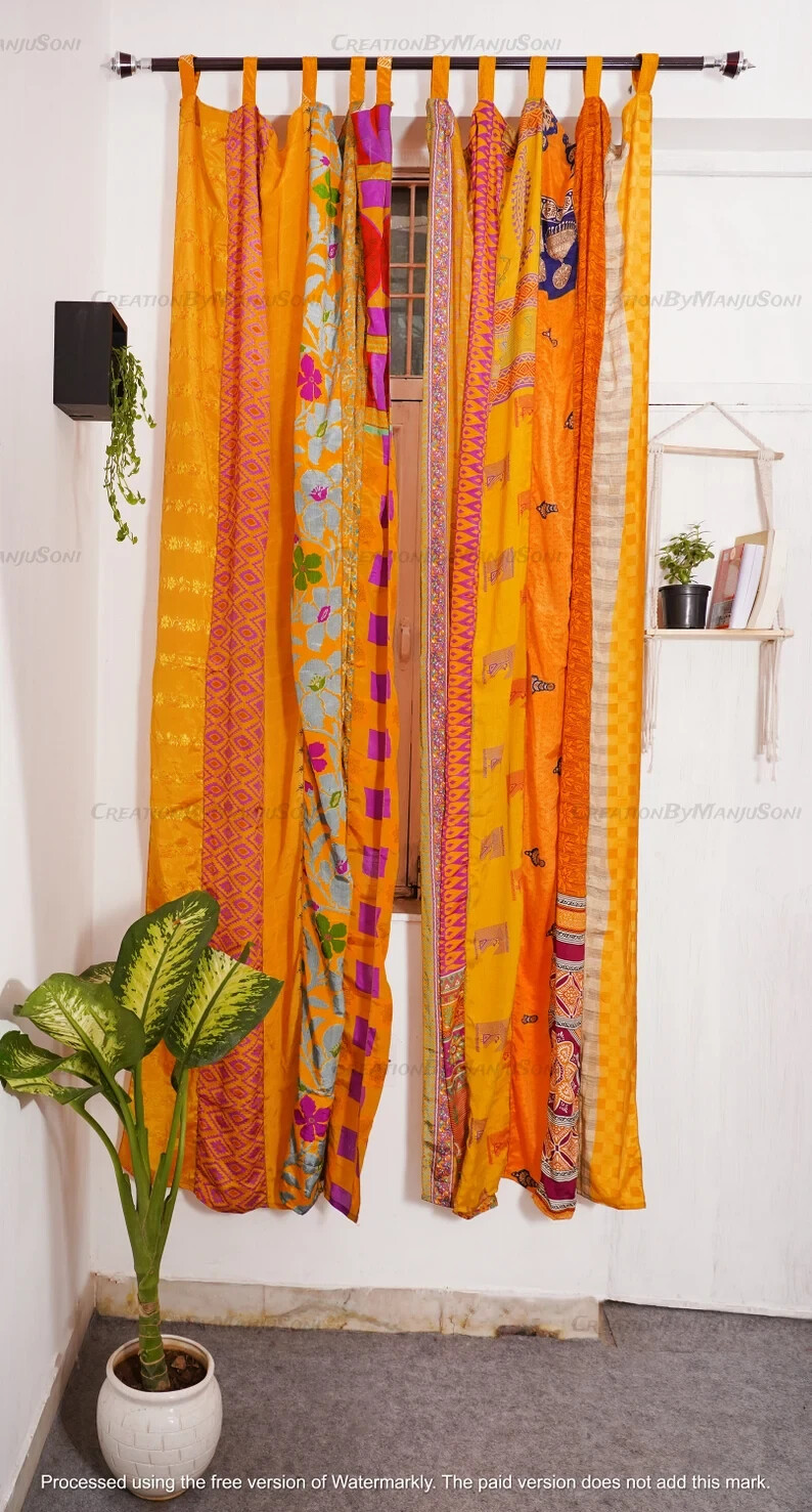 2 Pc Indian Old Recycle Silk Saree Boho Multi Curtain Door Drape Decor Curtain