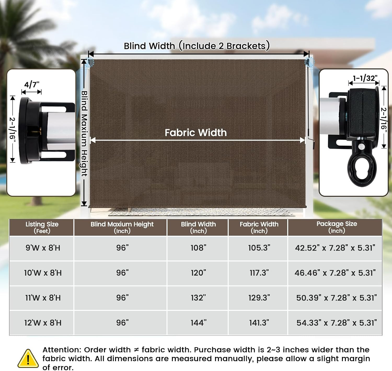 Outdoor Roller Shades for Patio, Mocha 10′ W X 8′ H Cordless Patio Shades Roll u