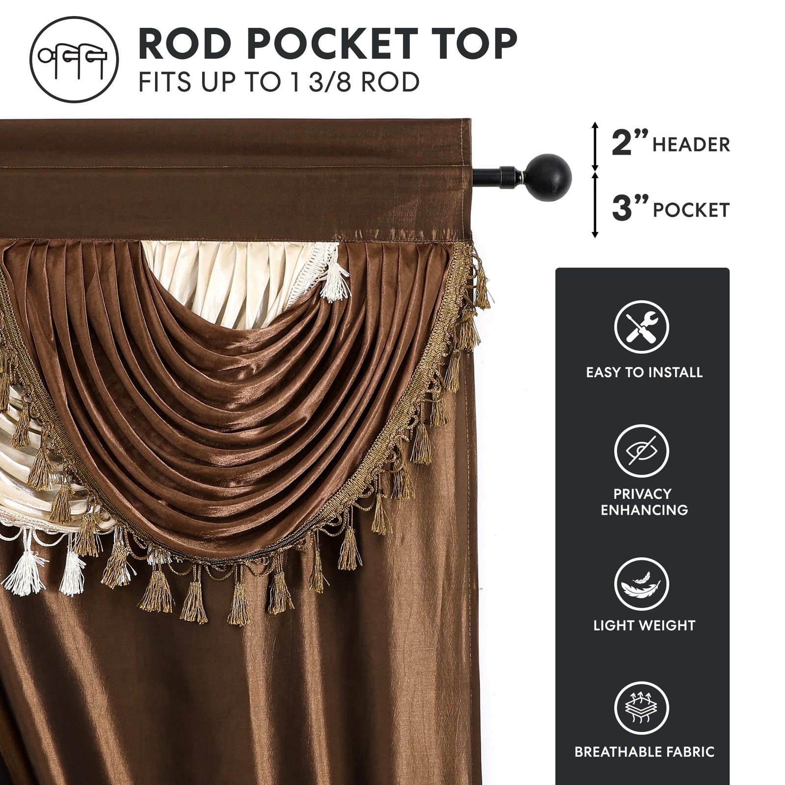 Regal Home Collections Amore 54 84-Inch Luxurious 5PC Attached Valance, Brown