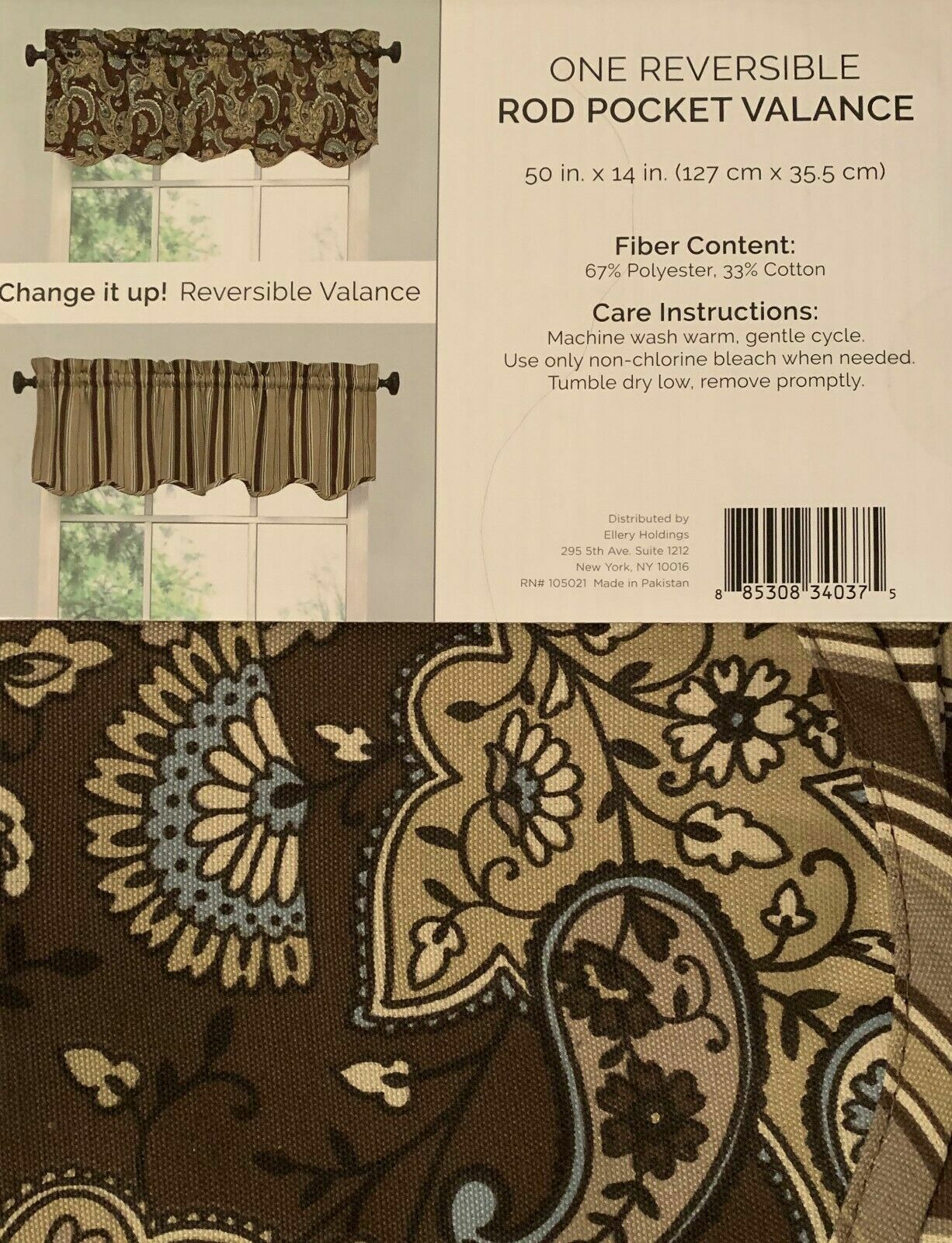 ELLERY Reversible Valance Drexel CHOCOLATE with a Touch of Blue 50″ x 14″ NEW