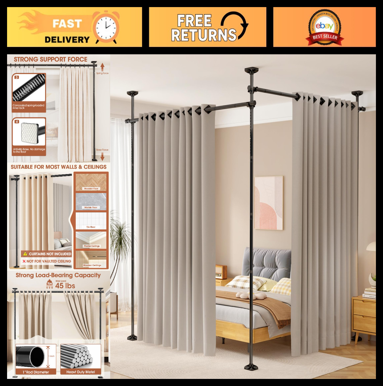 Adjustable Room Divider Curtain Rod – No Drill Wall Separator, 4-10ft Height, 28