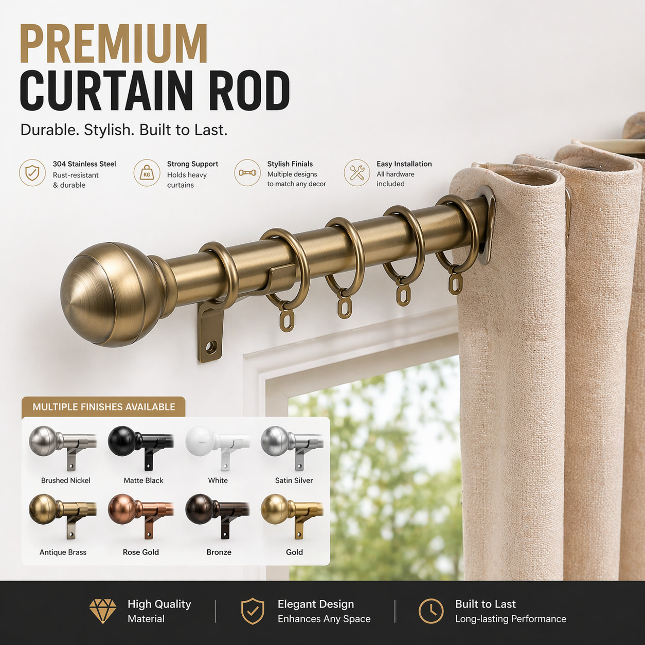 Custom Curtain Rod for Windows–Adjustable Decorative Drapery Rod–Factory Direct