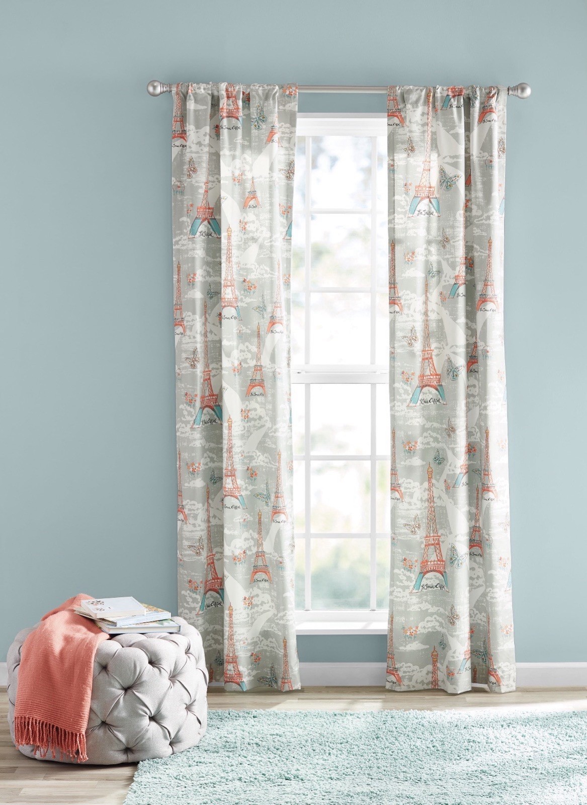 (2) Pastel Paris Curtain Panels 30×84 ~ Eiffel Tower & Butterflies ~ Rod Style