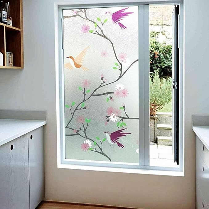 Colorful Bird Frosted White Window Film Privacy Glass Sticker 35 x 78 IN