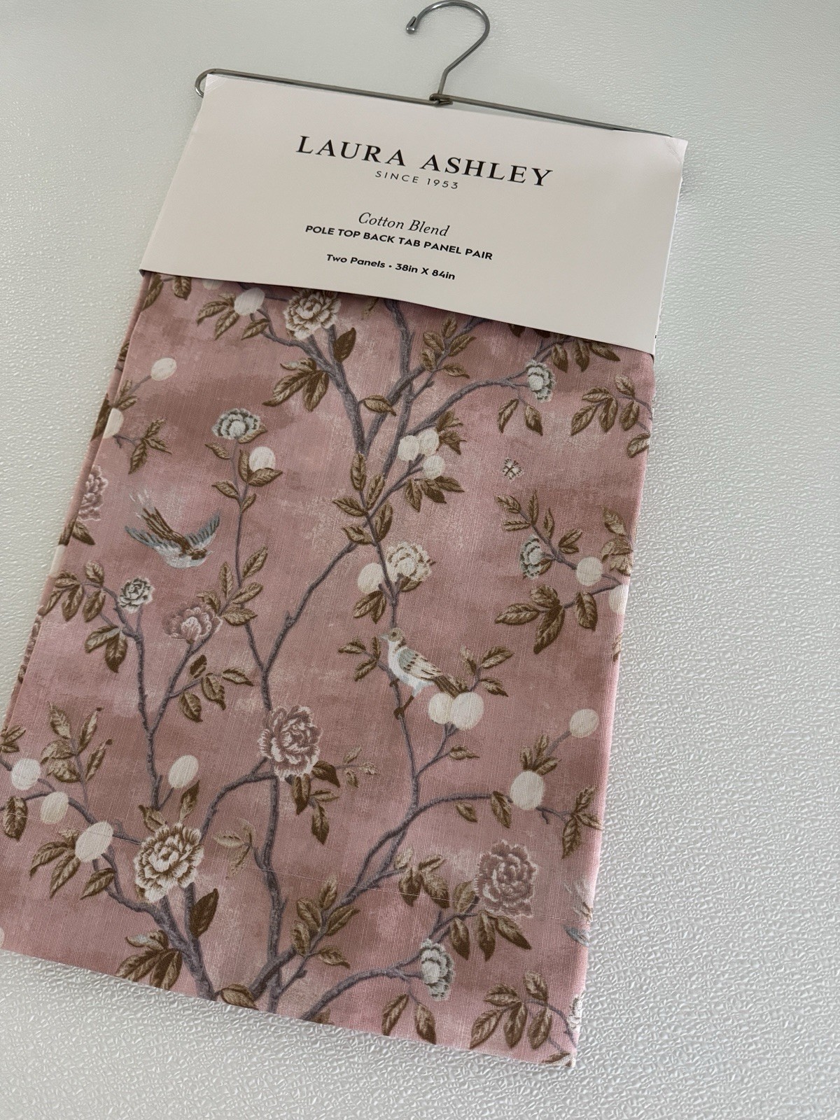 NIP Laura Ashley Window Curtains 2 Panels 38 x 84 Birds Rose Pink Brown Back Tab