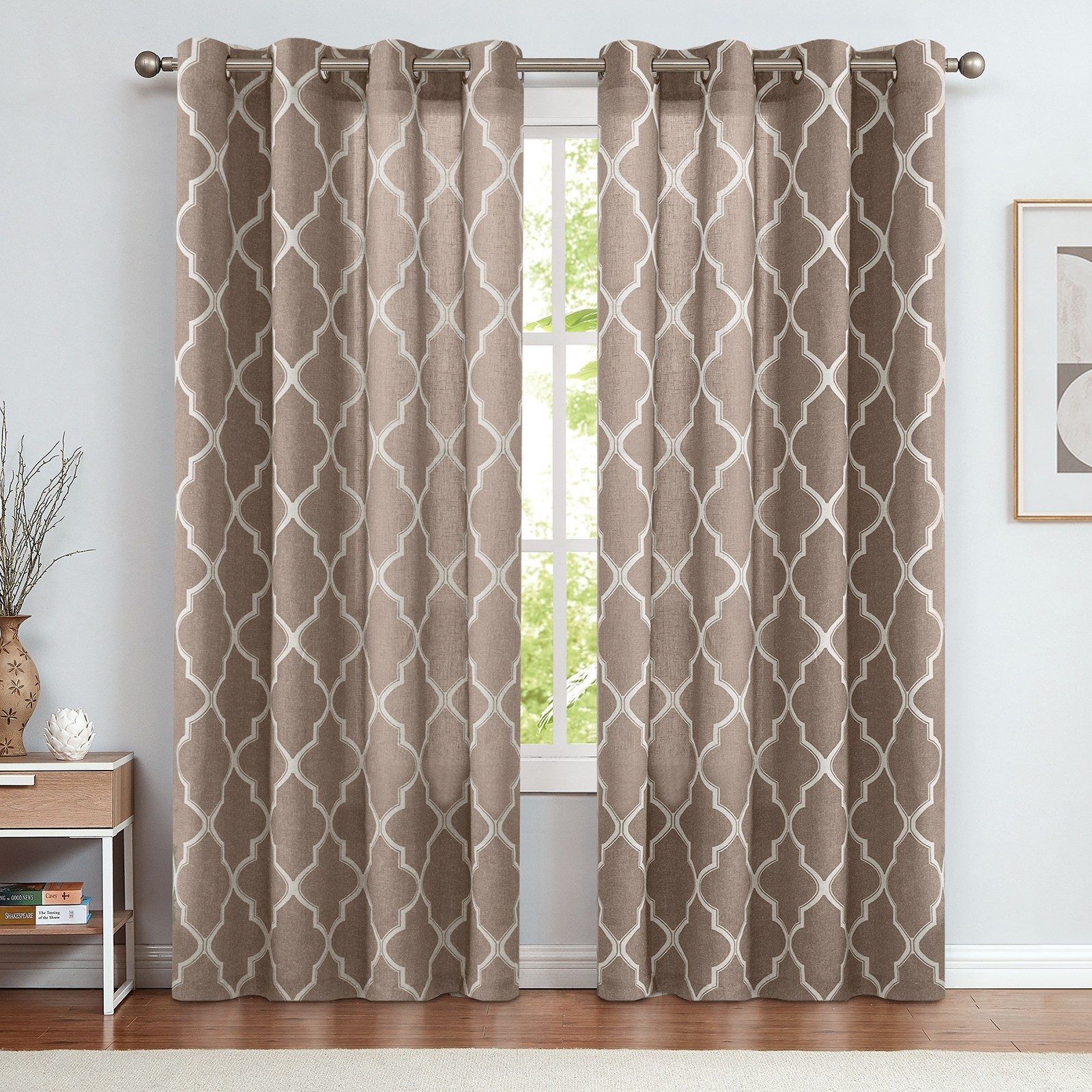 96‘’ Linen Curtains Light Filtering Moroccan Print Drapes Grommet Grey