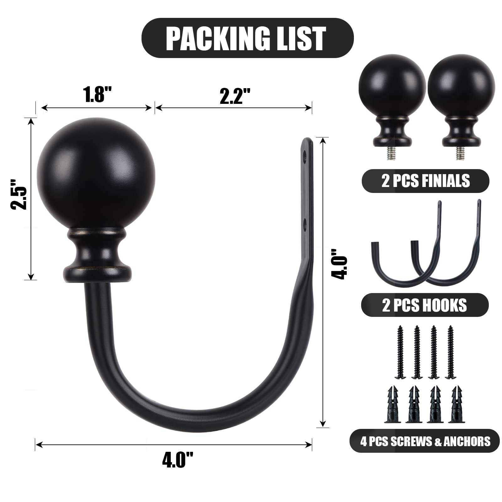 Curtain Holdbacks, Black Curtain Tiebacks Wall Mounted with Round Finials, Me…