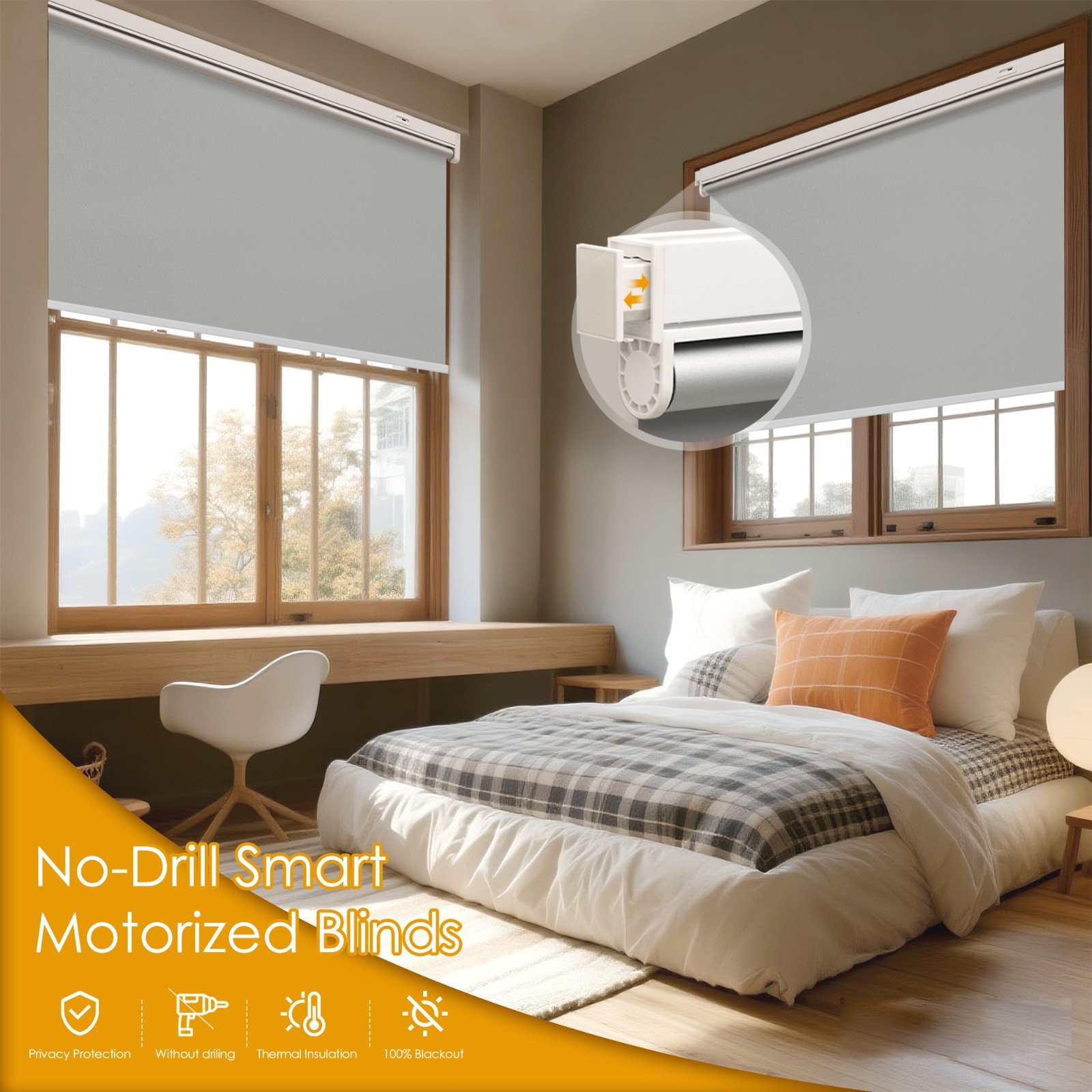 Cordless No-Drill Motorized Roller Blinds with Remote Control Solar Panel Includ