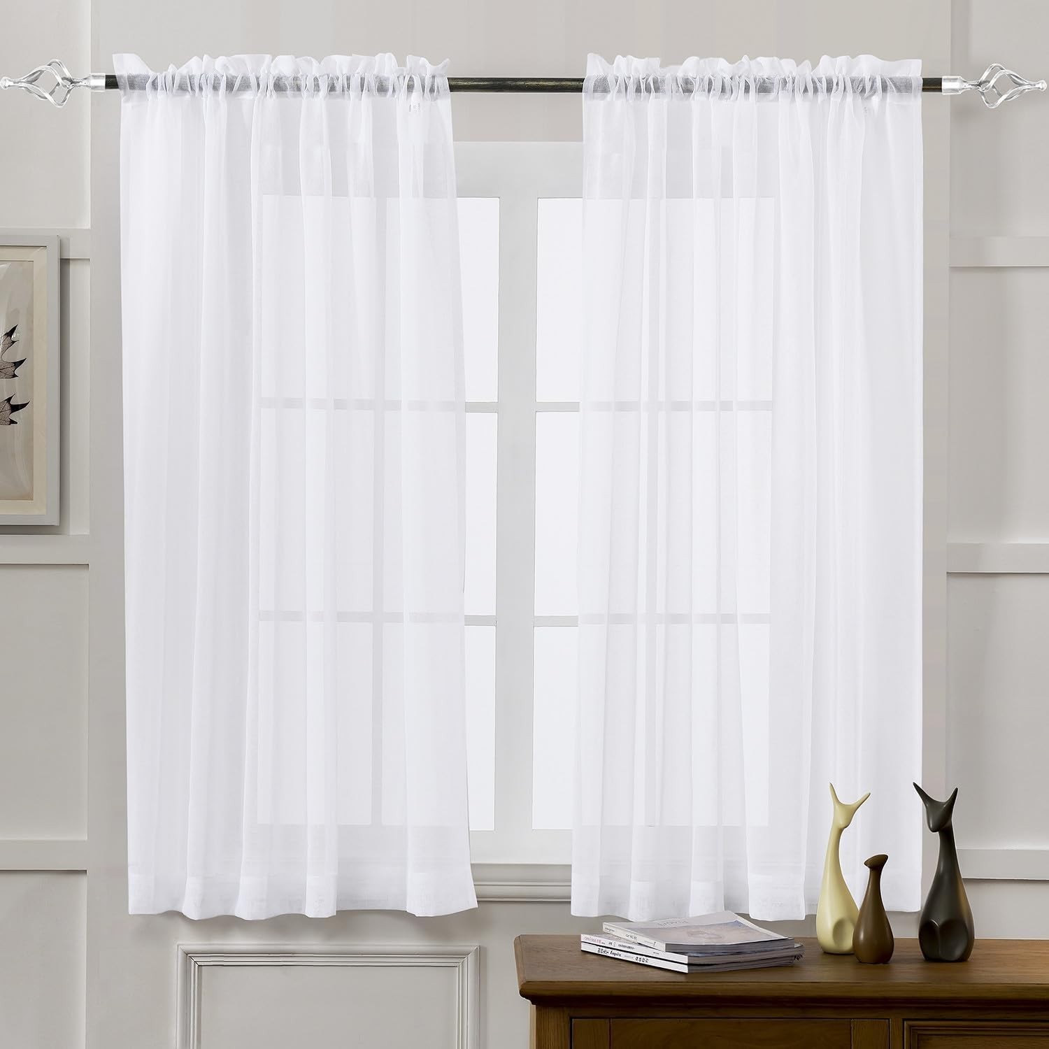 Contemporary White Sheer Curtains 63″ – Semi-Crinkle Rod Pocket Drapes, Set of 2