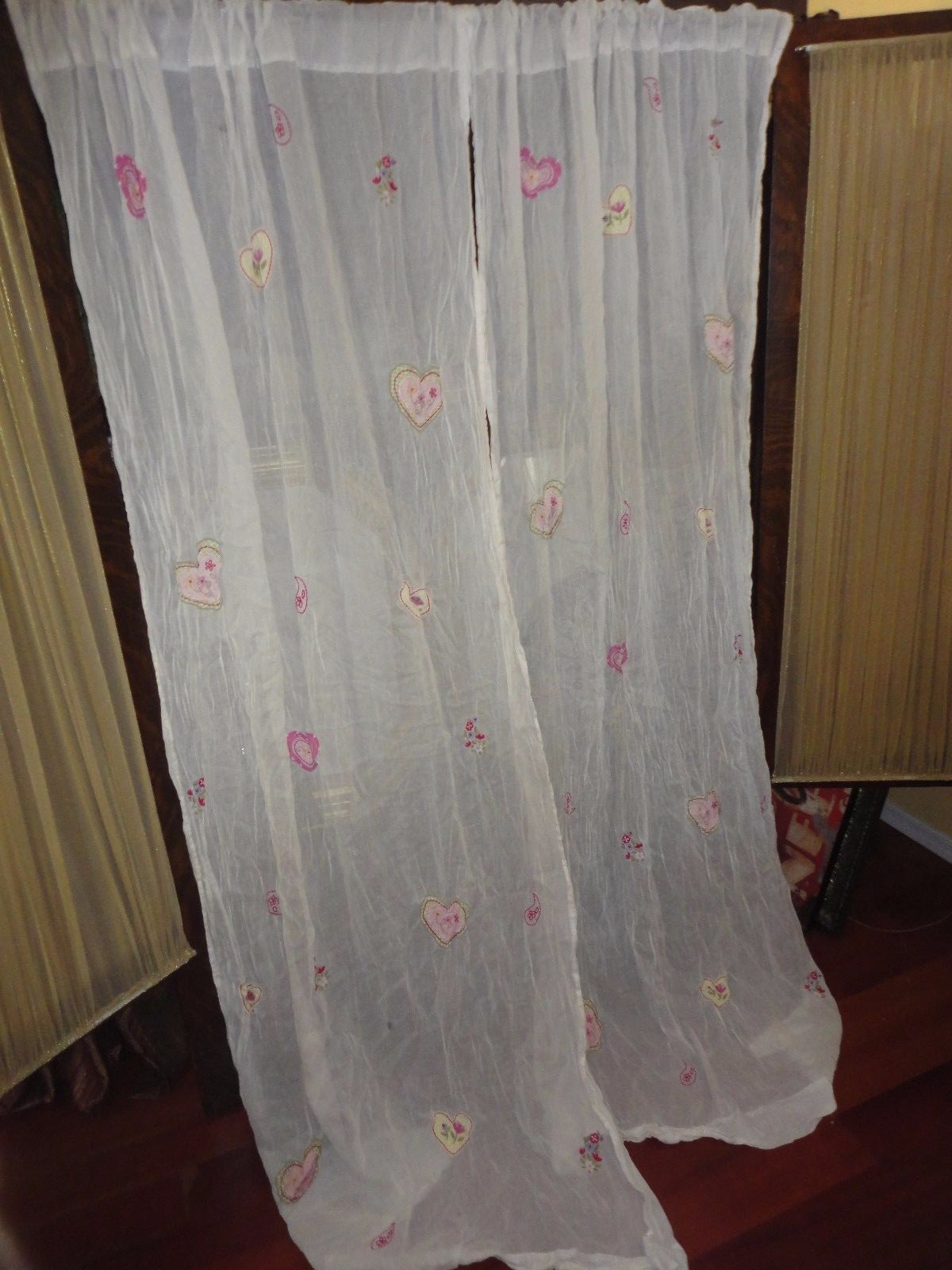 POTTERY BARN KIDS PINK CREAM EMBROIDERED HEARTS FLORAL SHEER (PAIR) PANELS 44X84