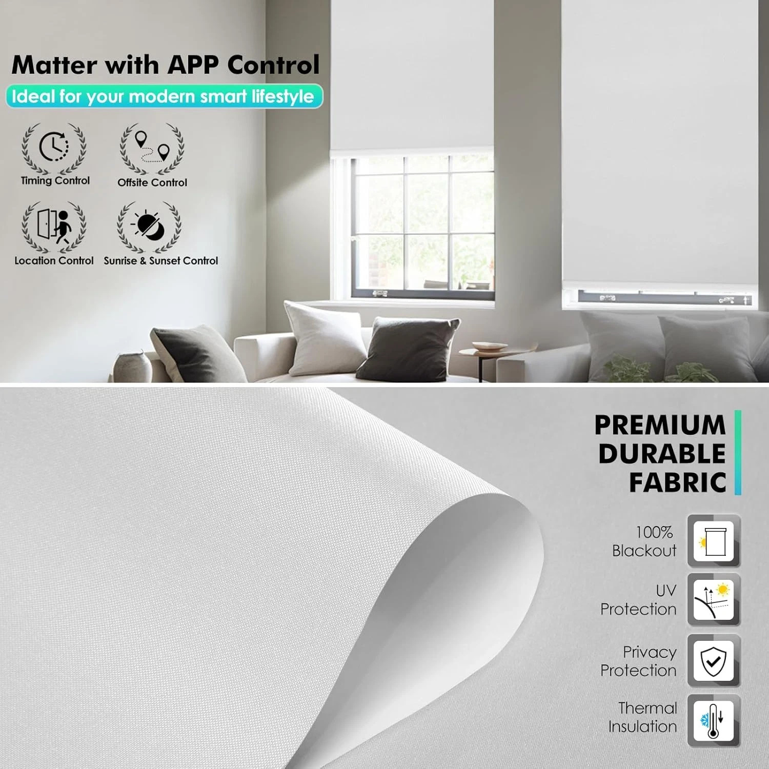 Motorized Roller Shades with Remote, Hub-Free Smart Cordless Blinds, 72″L x 36″W