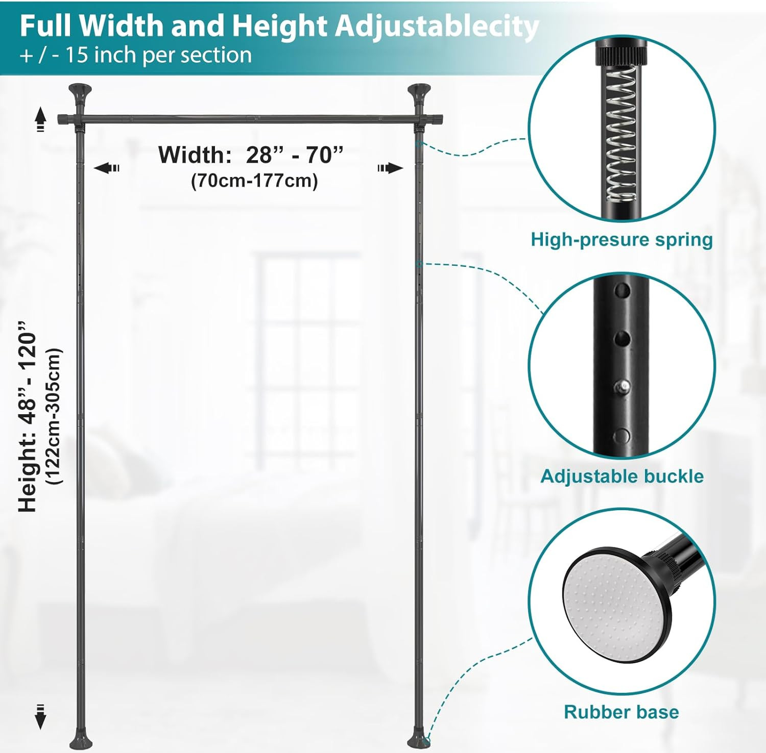 Adjust Room Divider Partition Tension Black Rod Bar for 28-70″ W | 48-120 inch H