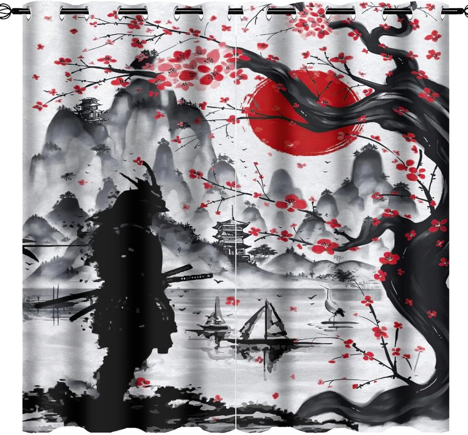 Ultra Soft Retro Japanese Blackout Curtains, Samurai Red Sun, 2 Panels 84×42