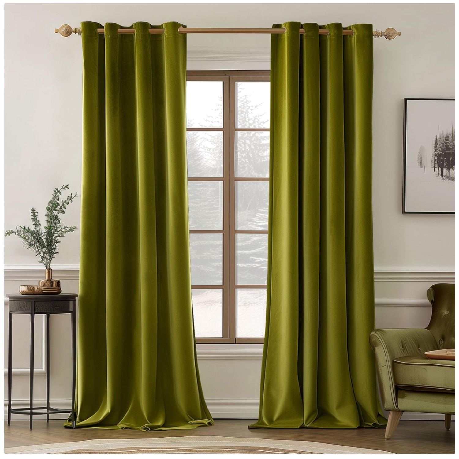 Classic Living Room Decor – Green Velvet Curtains, 2 Panels