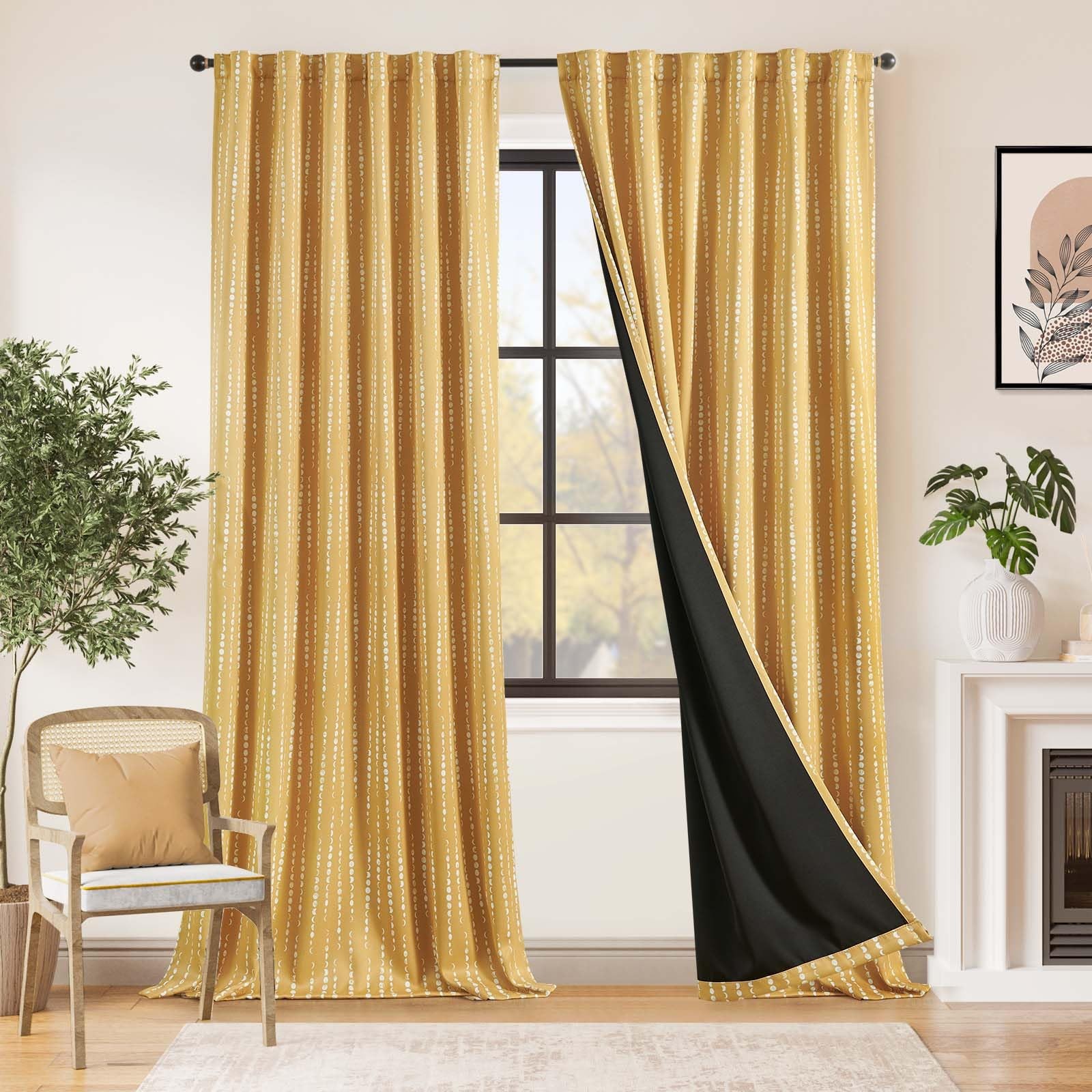 jinchan 95% Blackout Bohemian Moon Phase Print 108 Inch Long Mustard Kids Room