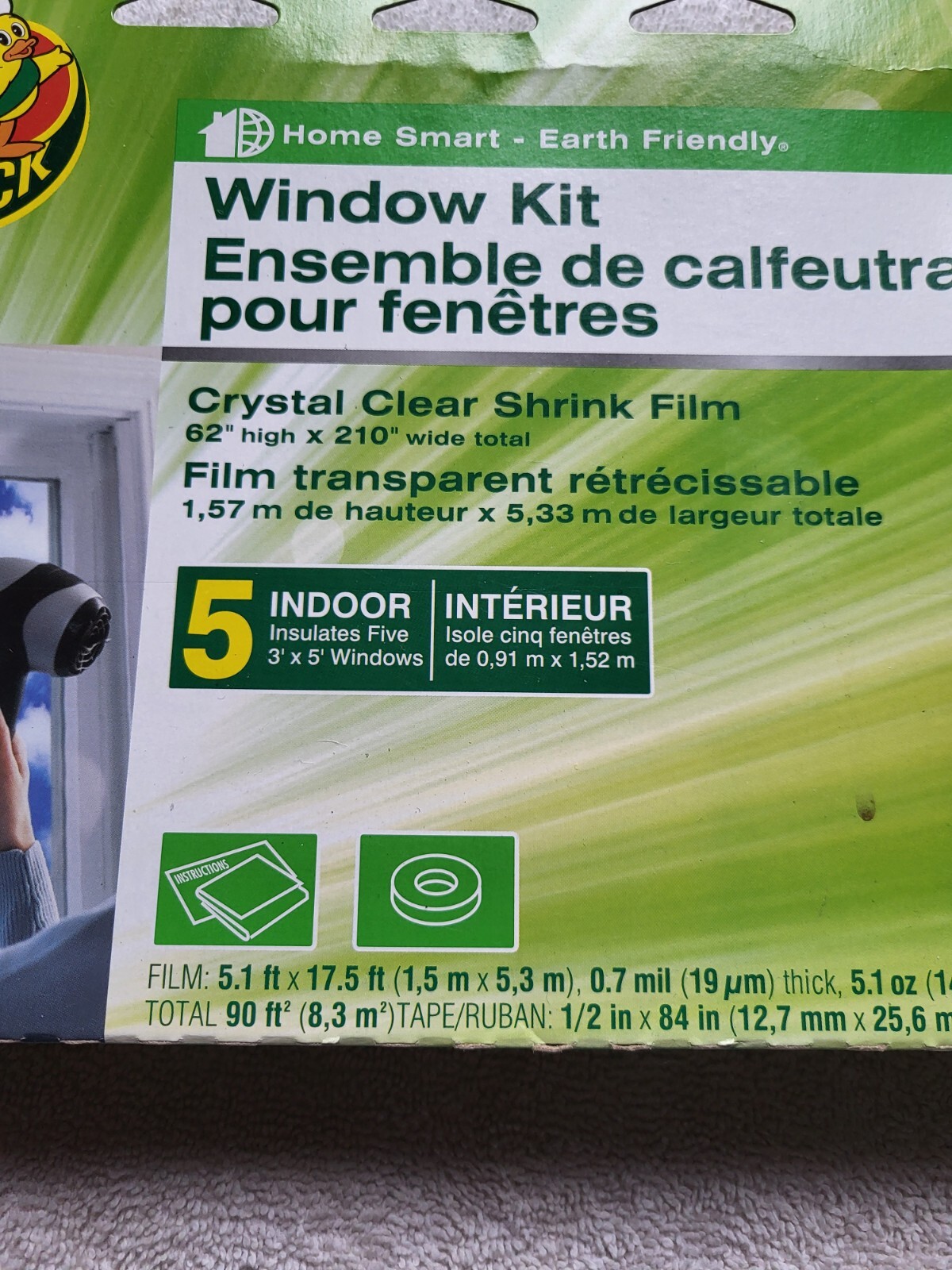 Window Insulating Kit Crystal clear Film 5 Windows 3ft x 5ft Duck Brand NIB