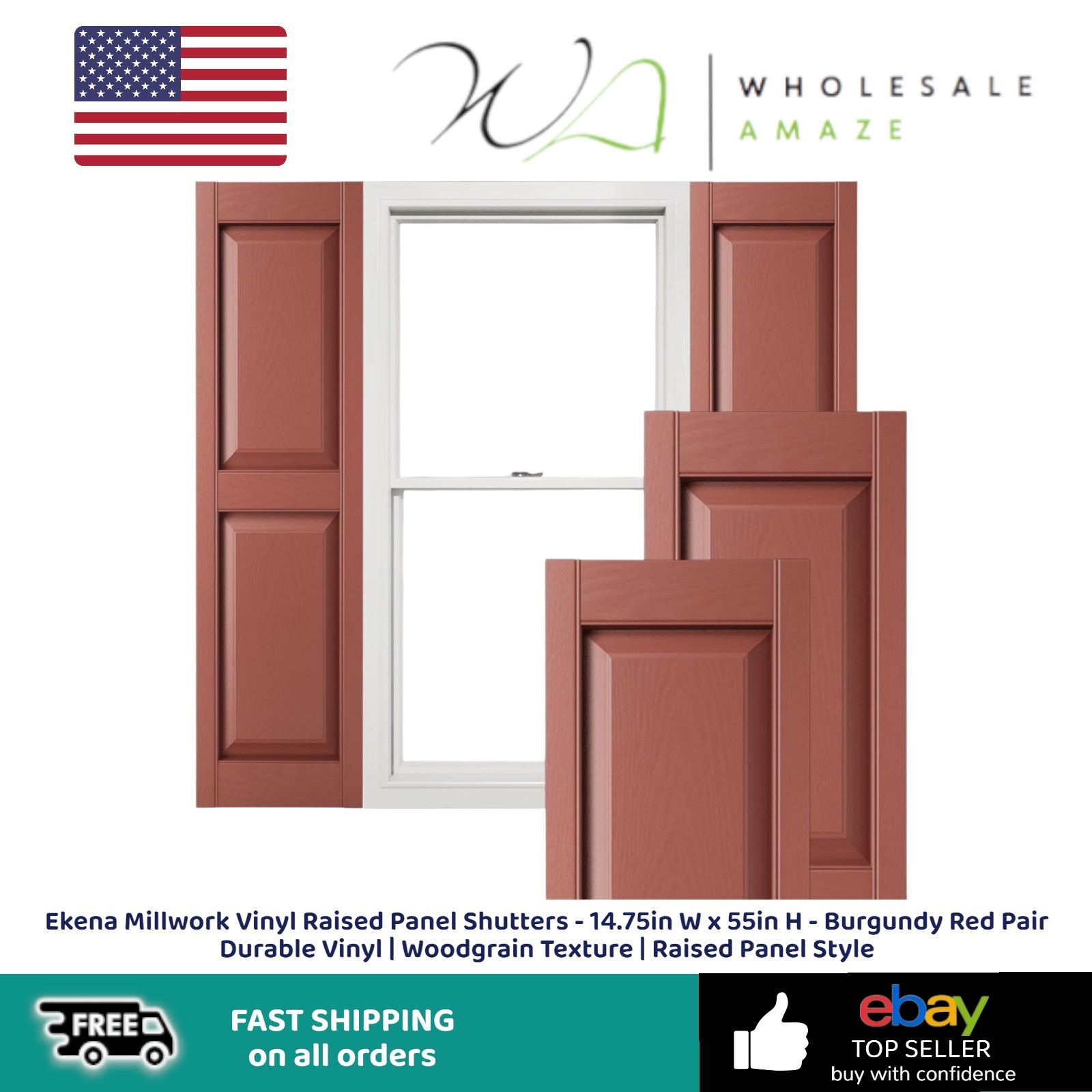 Ekena Millwork Vinyl Raised Panel Shutters 14.75in W x 55in H Burgundy Red Pair