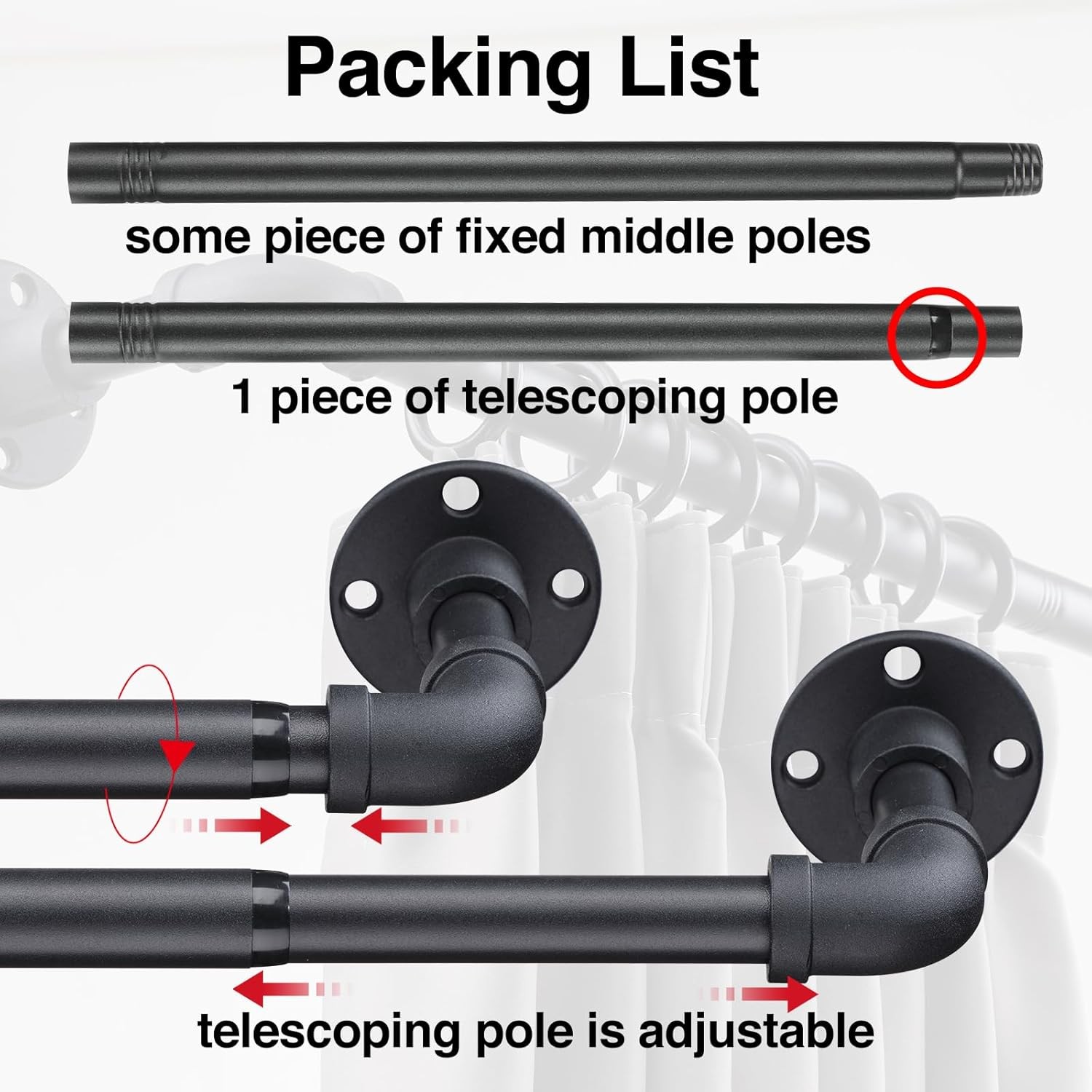 Industrial Curtain Rods – Matte Black Pipe Curtain Rod for Windows 48 to 84 inch