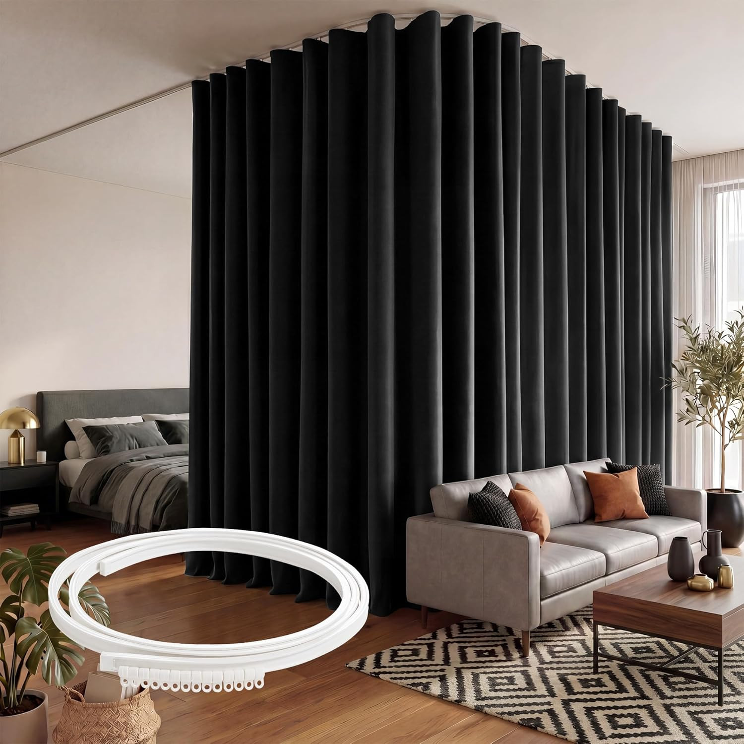 Black Room Divider Curtains with Flexible Track Wall Mount&Ceiling Mount for Sli