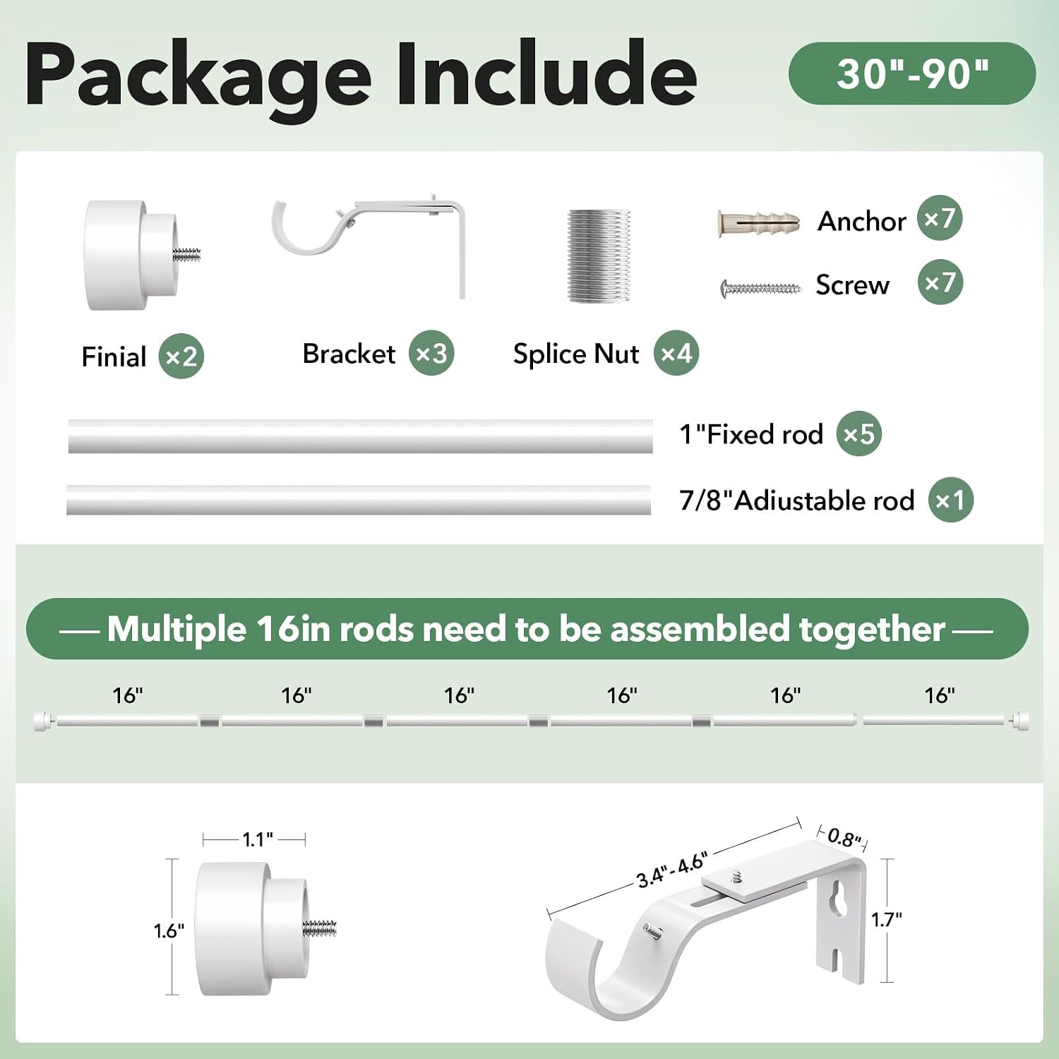 Heavy Duty Curtain Rods for Windows 48 to 84 Inch, 1 Inch Adjustable White Curta