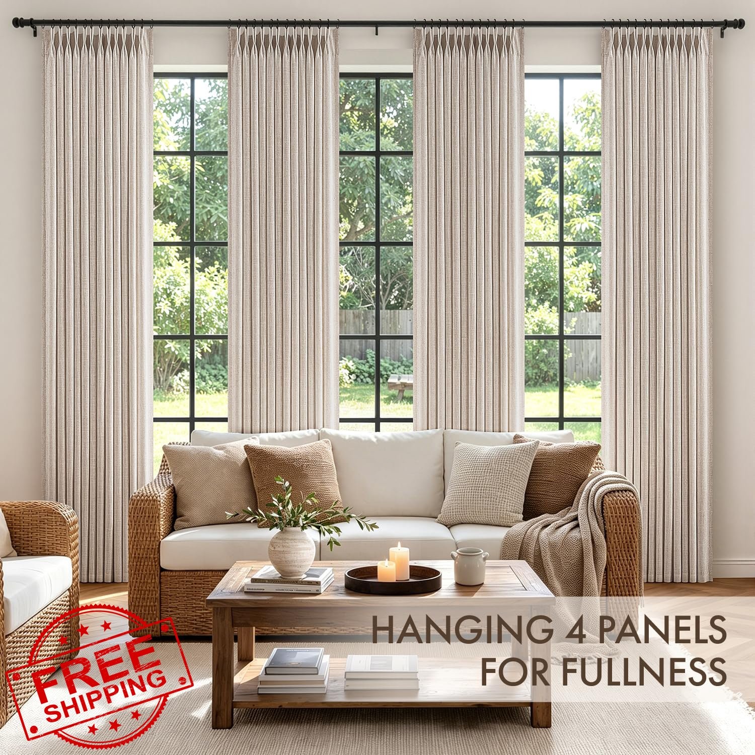 MIULEE 4 Pinch Pleat Linen Curtains Cream White 40″W x 102″L (4pk)
