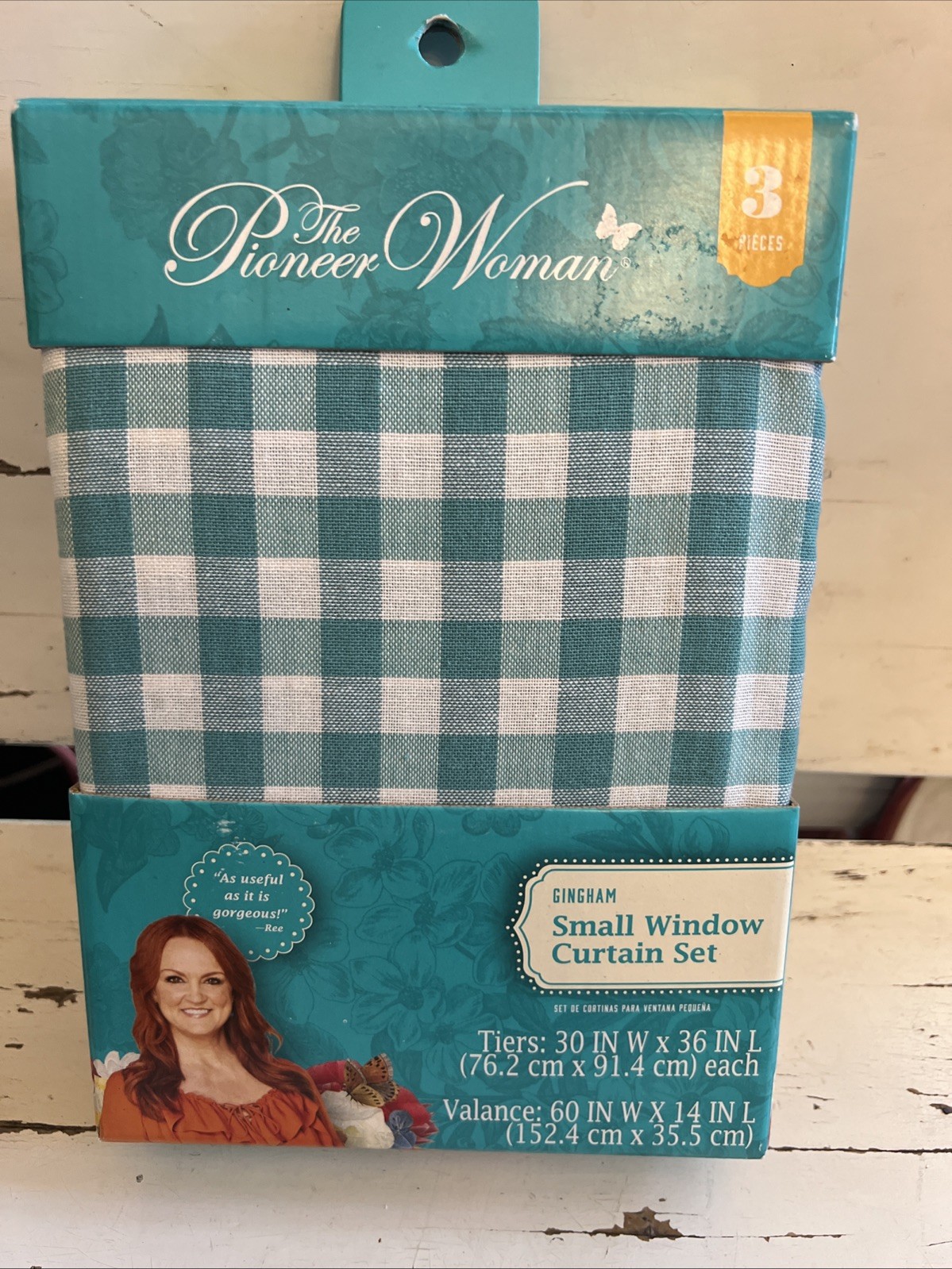 Pioneer Woman Gingham 3-Piece Tier & Valance Small Window Curtain Set Teal White