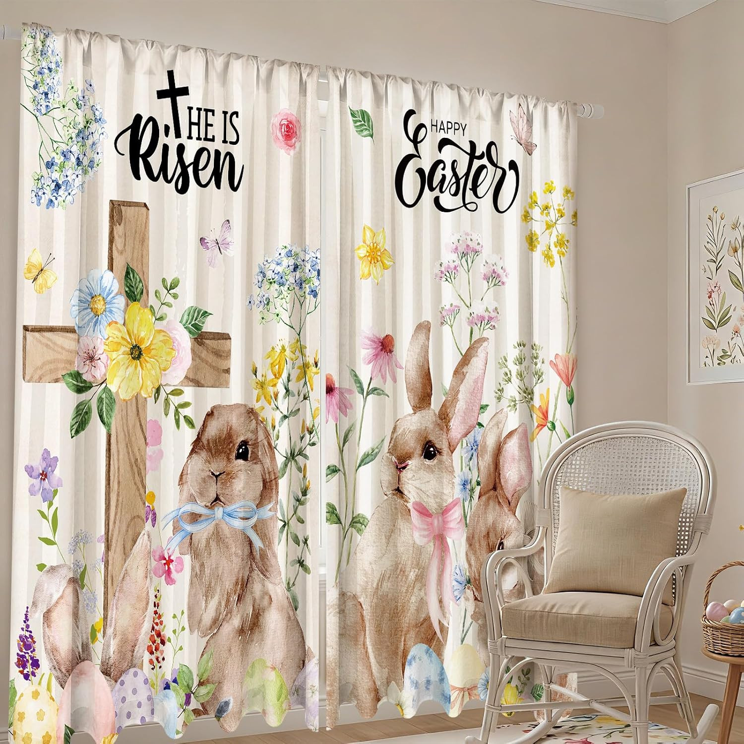 2 Pcs Easter Curtains for Living Room Rabbit Egg Cross Curtains 52 X 84 Inches E