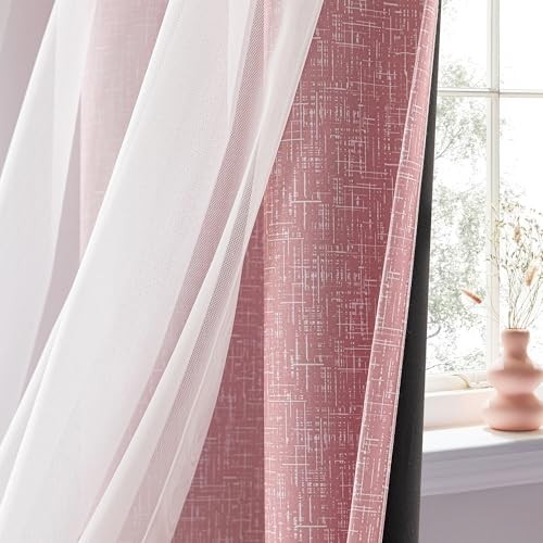 100% Blackout Curtains with Sheer Overlay, 72″ Double Layer Drapes, 2 Panels, Pi
