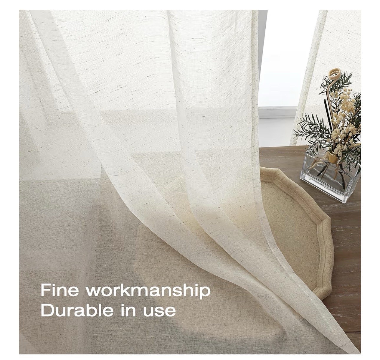 Simplebrand Natural Linen Textured Sheer Curtains 63 Inch Length 2 Panels