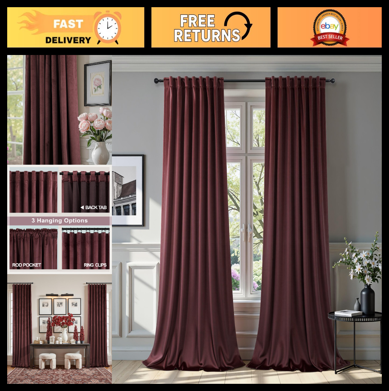 96-Inch Ruby Velvet Curtains – Light Blocking, Energy Efficient, Thick Drape for
