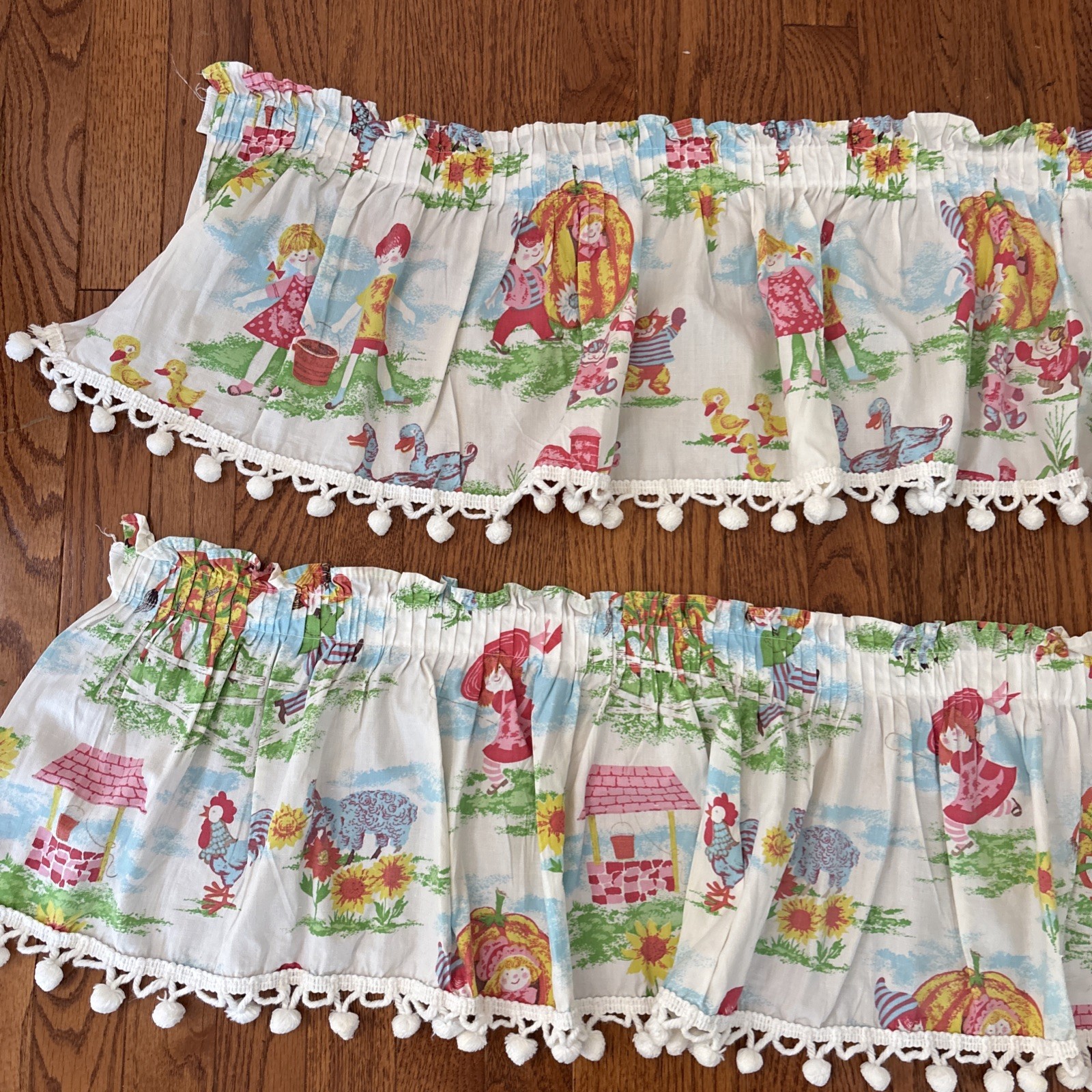 Vtg Kids Novelty Storybook Valance Lot 2 Handmade Rod Pocket Pom Pom Trim Retro