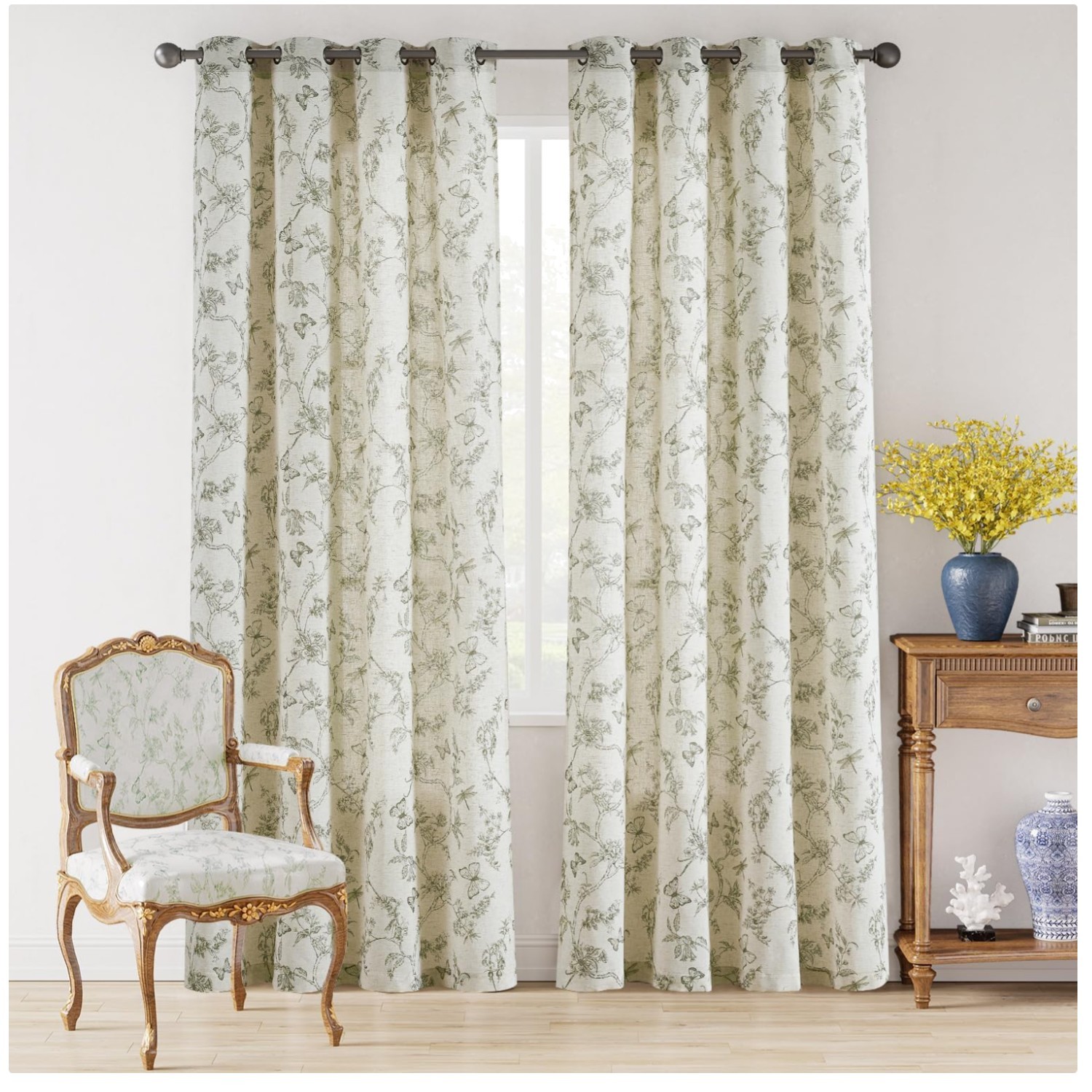 Green Floral Linen Farmhouse Curtains – Set of 2