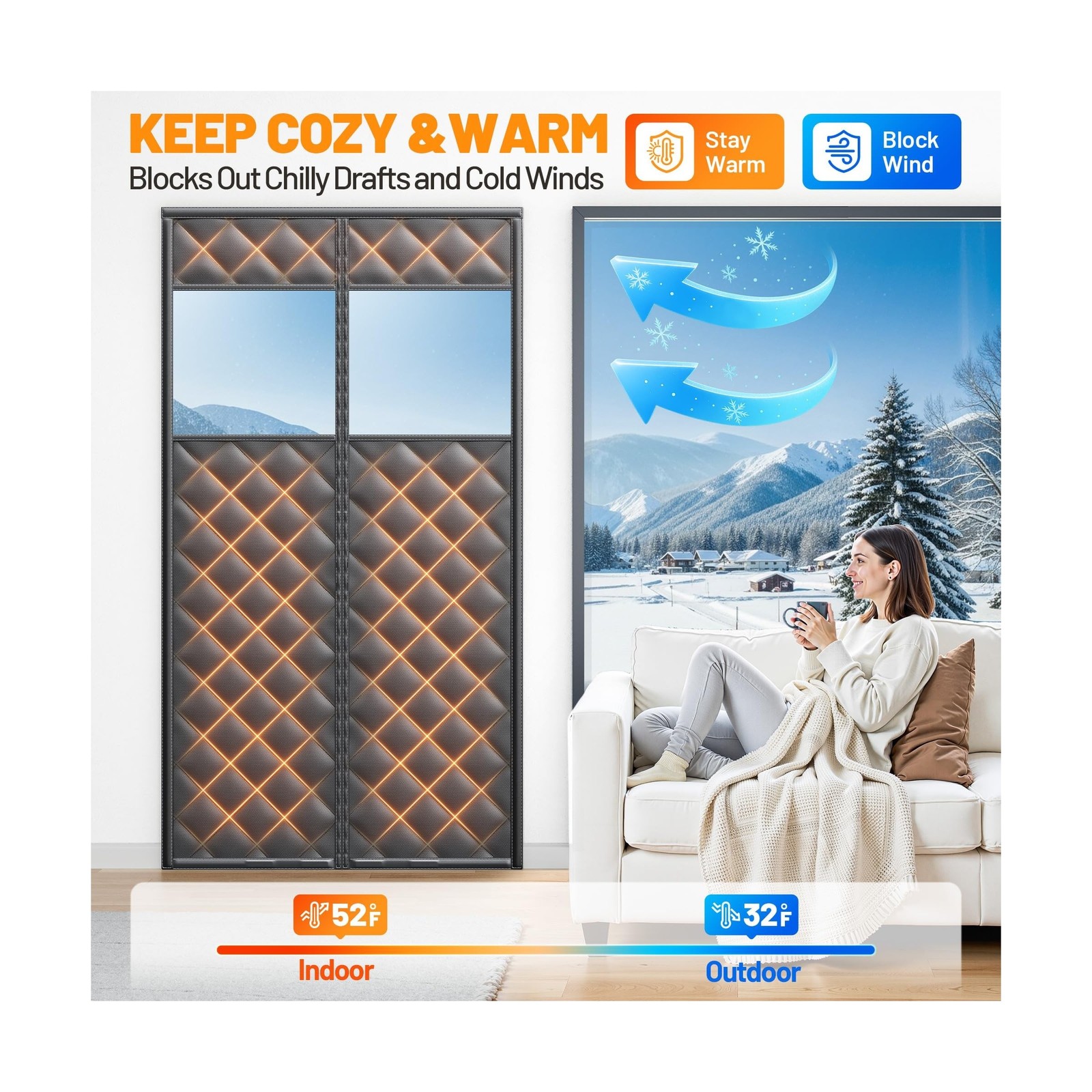 Magnetic Insulated Door Curtain Fits 36″x80″ Doors – Thermal Door C… Fast Ship