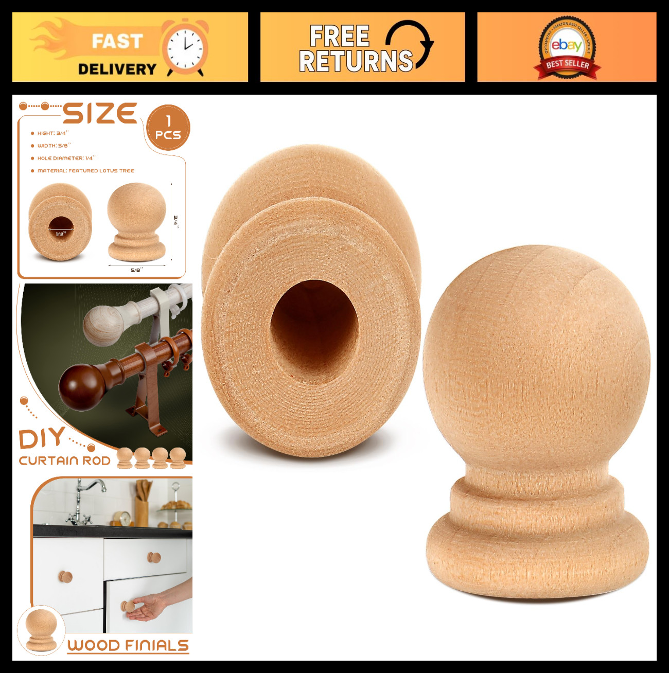 150 Pcs Unfinished Wood Finials & Dowel Caps – 3/4″ Tall, 1/4″ Hole for DIY Craf