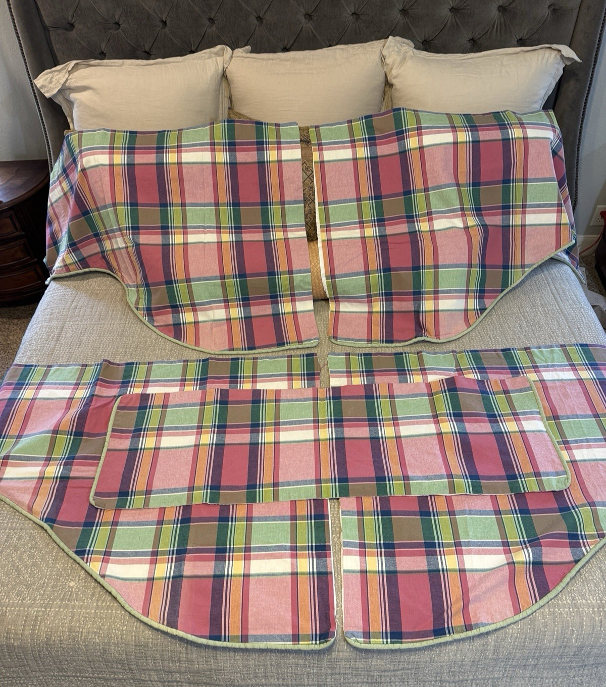 5-Piece Custom Plaid Valances Cotton Pink Green Blue Yellow Preppy EUC Curtains