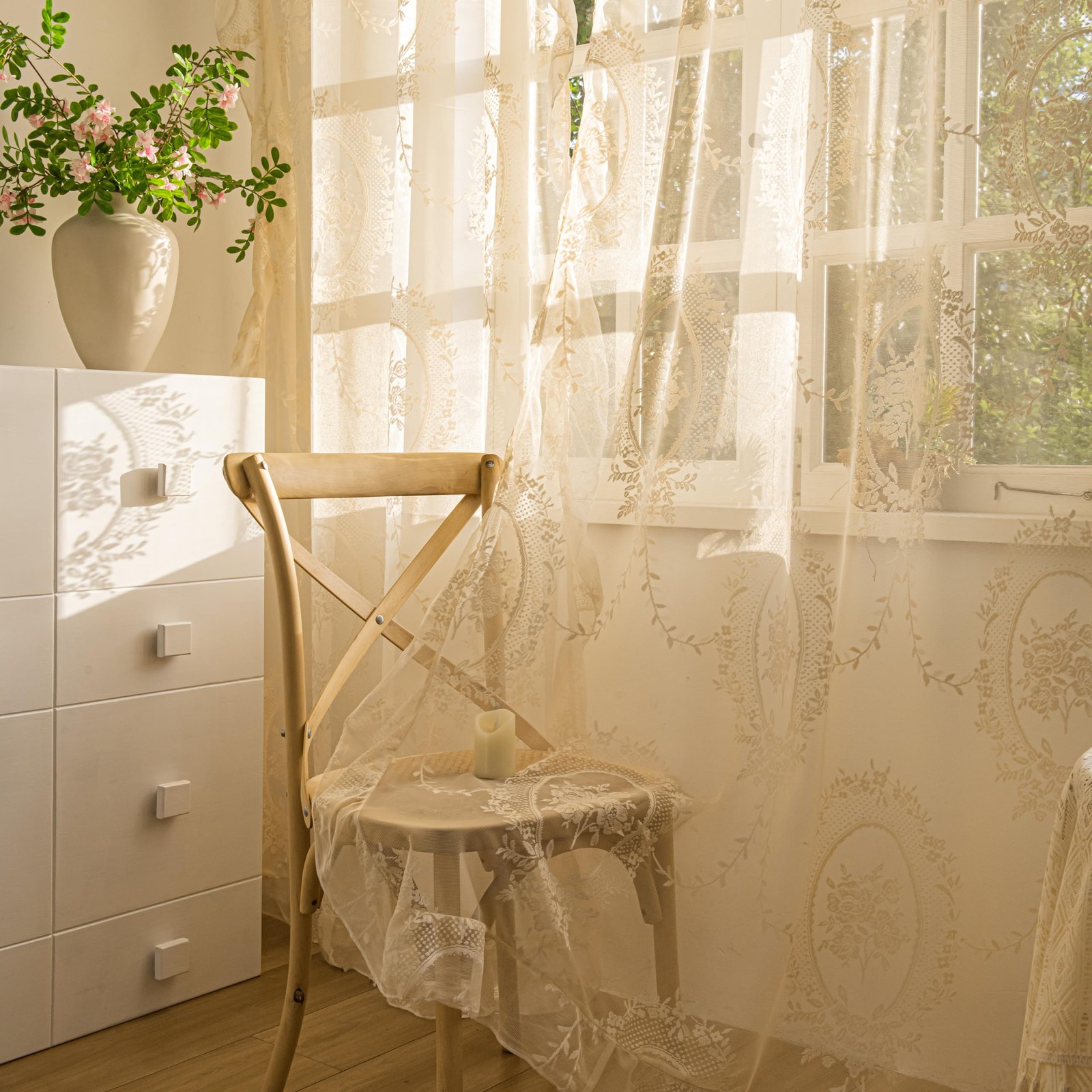 Sutuo Home Beige Rose Floral Lace Curtains 72″ L, 2 Panels Sheer Rod Pocket