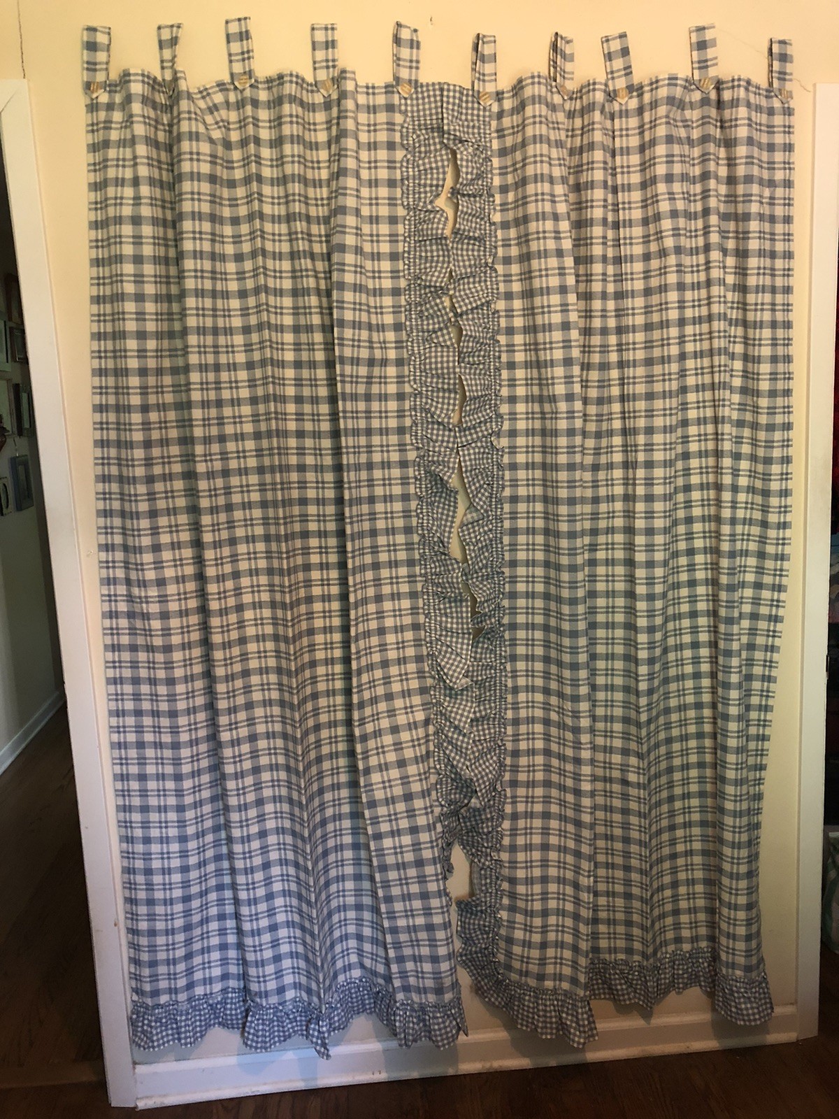 Cottagecore Set Of Curtains Blue White Plaid Ruffled Tab Top Each 80”L x 46”W