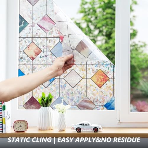 Window Privacy Film with Tools, Rainbow Stained Glass 17.5 x 78.7 Inch Diamond