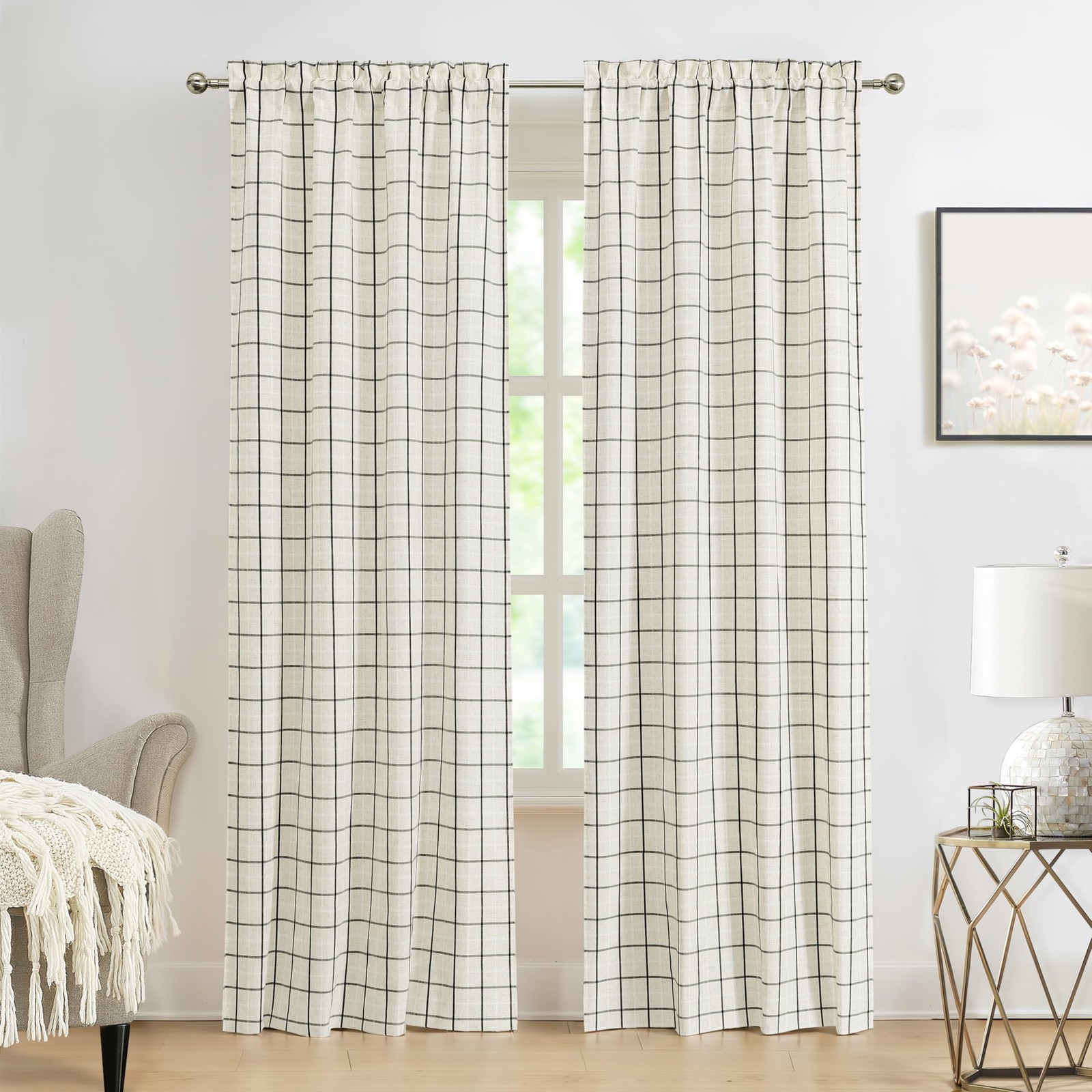 Amzdecor Buffalo Plaid Window Treatment 40″W x 84″L (Pack of 2), Beige/Black